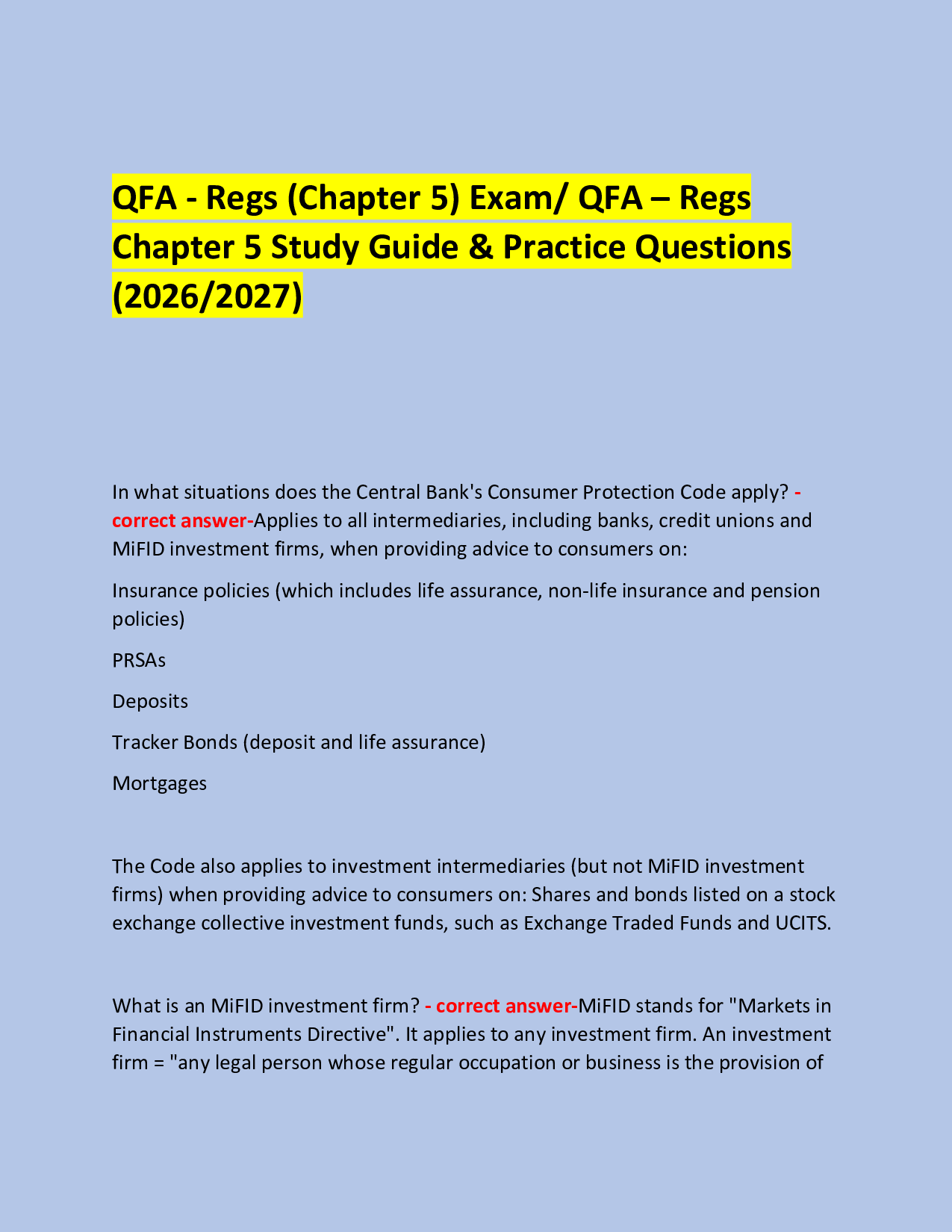 QFA - Regs (Chapter 5) Exam/ QFA – Regs  Chapter 5 Study Guide & Practice Questions (2026/2027)