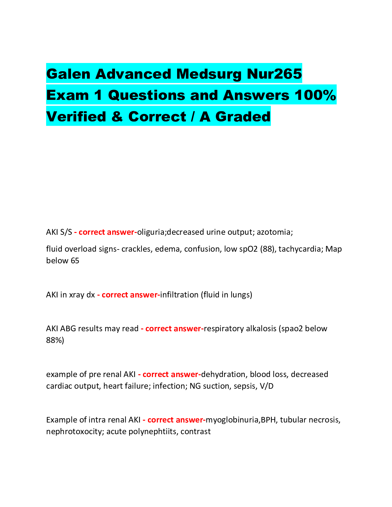 Galen Advanced Medsurg Nur265  Exam 1 Questions and Answers 100% Verified & Correct / A Graded