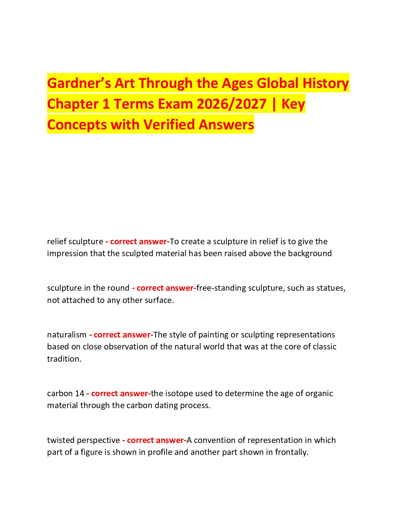 Gardner’s Art Through the Ages Global History  Chapter 1 Terms Exam 2026/2027 | Key Concepts with Verified Answers