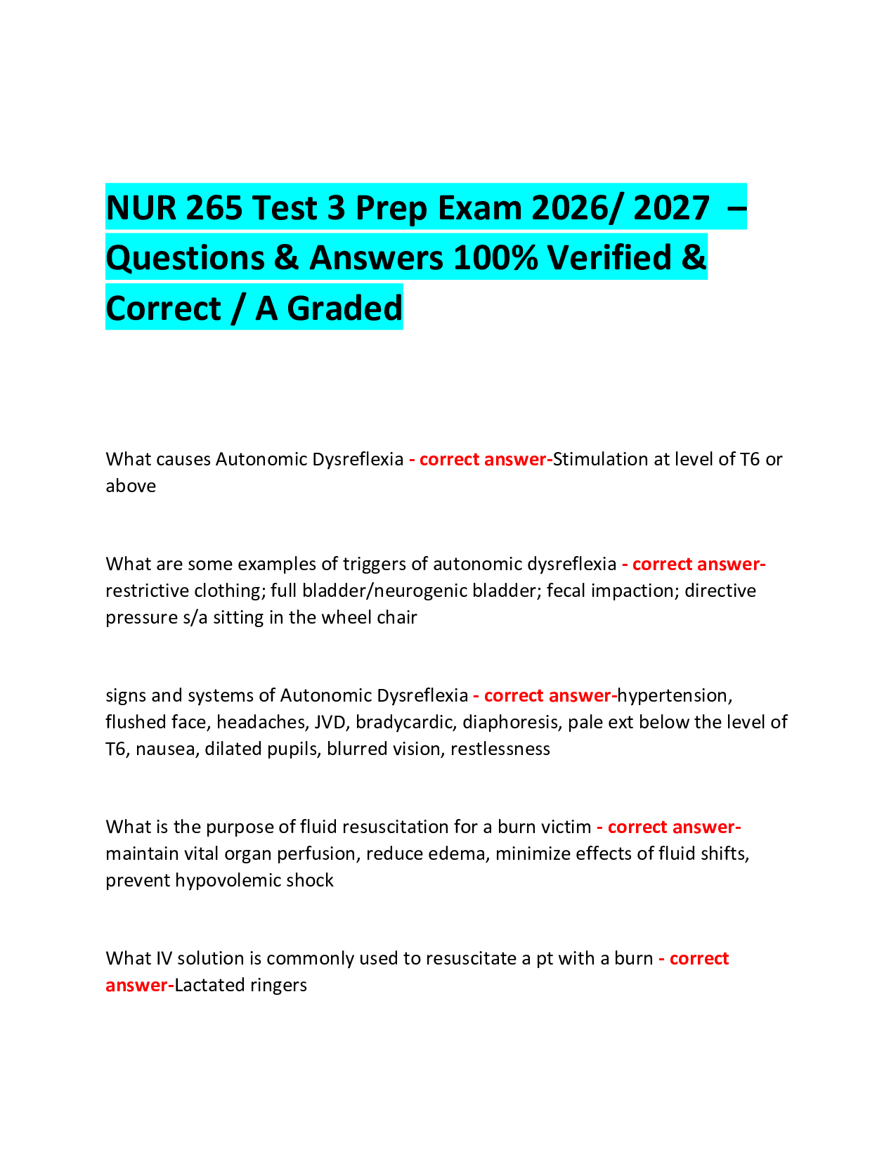 NUR 265 Test 3 Prep Exam 2026/ 2027  –  Questions & Answers 100% Verified & Correct / A Graded