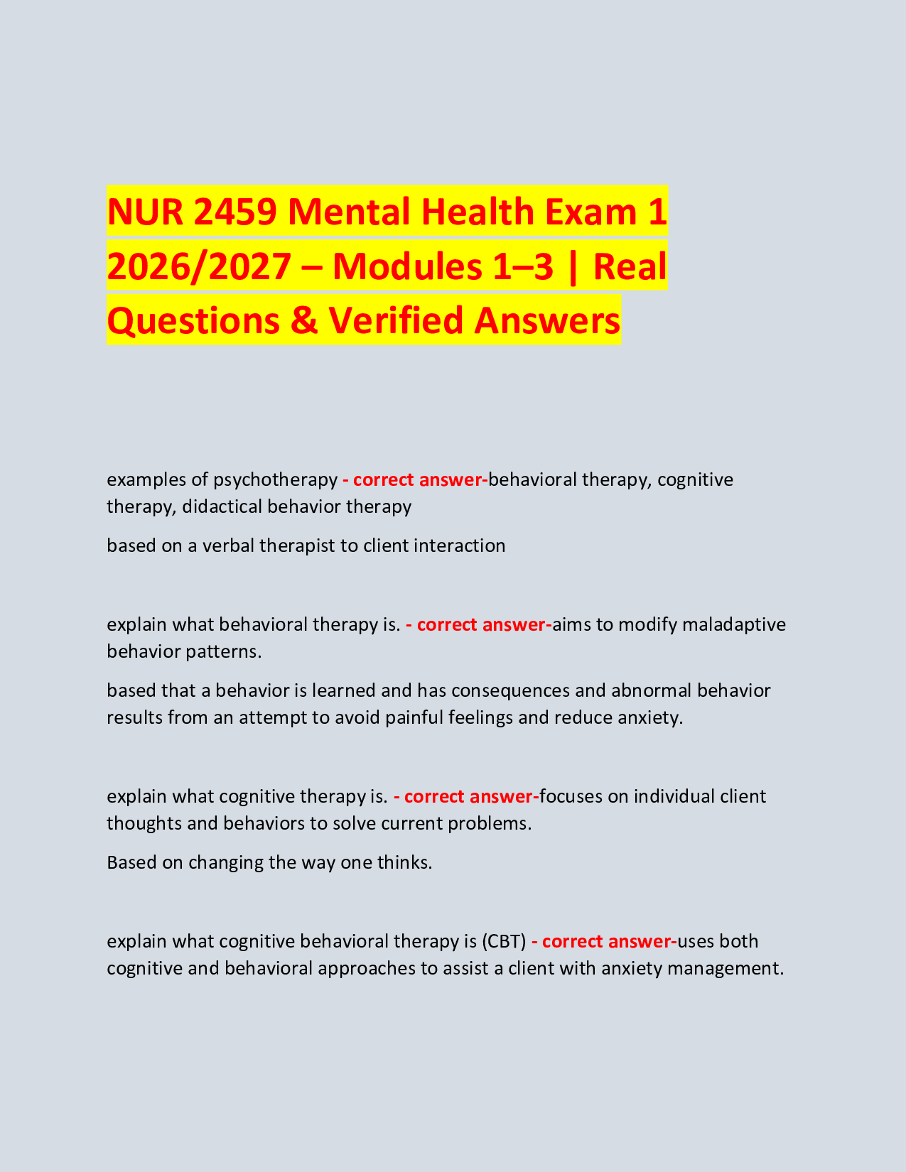 NUR 2459 Mental Health Exam 1 2026/2027 – Modules 1–3 | Real Questions & Verified Answers