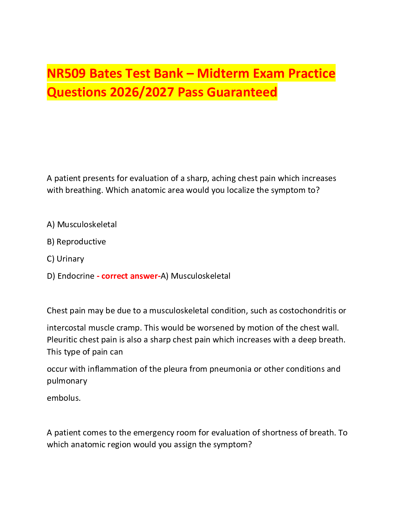 NR509 Bates Test Bank – Midterm Exam Practice Questions 2026/2027 Pass Guaranteed
