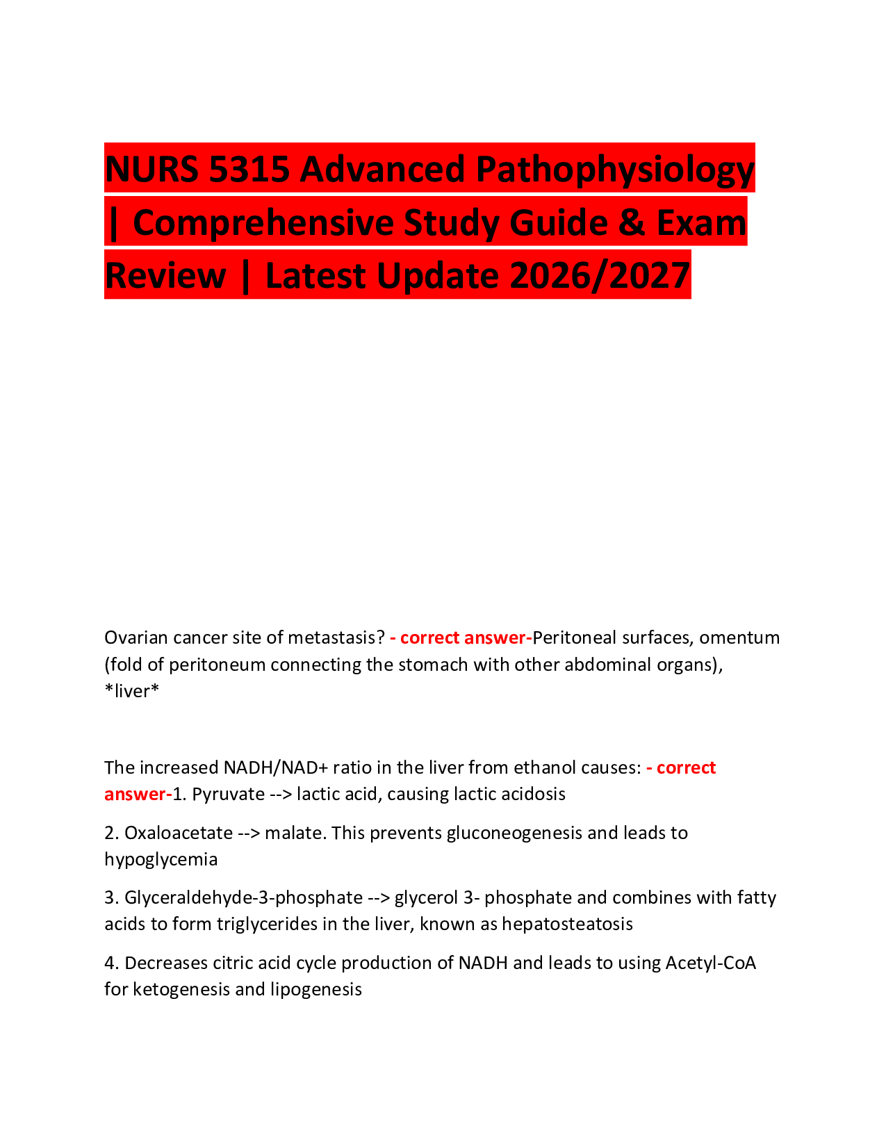 NURS 5315 Advanced Pathophysiology  | Comprehensive Study Guide & Exam Review | Latest Update 2026/2027