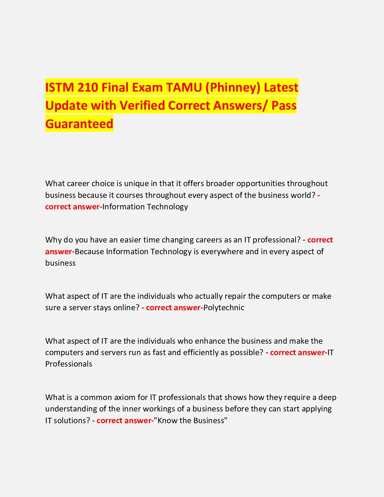 ISTM 210 Final Exam TAMU (Phinney) Latest  Update with Verified Correct Answers/ Pass Guaranteed