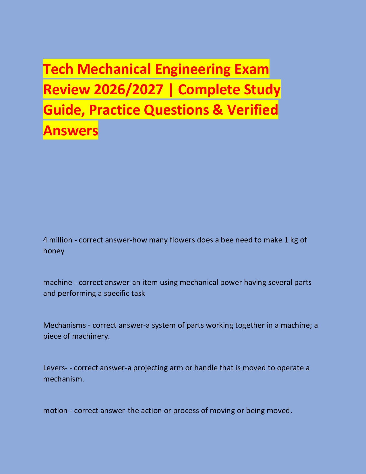 Tech Mechanical Engineering Exam   Review 2026/2027 | Complete Study  Guide, Practice Questions & Verified Answers
