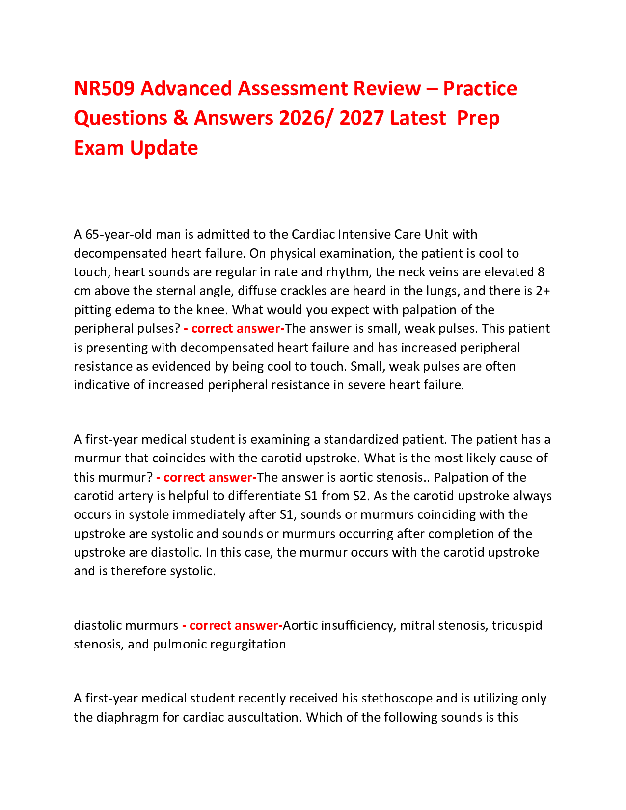 NR509 Advanced Assessment Review – Practice  Questions & Answers 2026/ 2027 Latest  Prep Exam Update