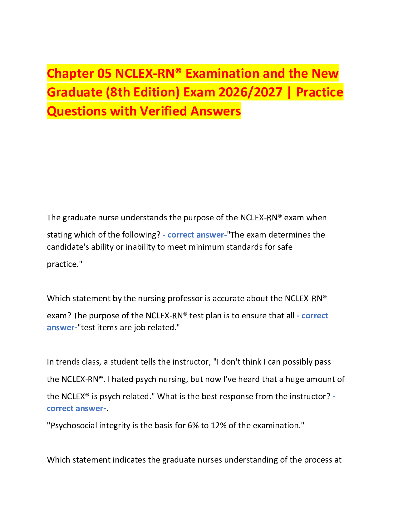 Chapter 05 NCLEX-RN® Examination and the New  Graduate (8th Edition) Exam 2026/2027 | Practice Questions with Verified Answers