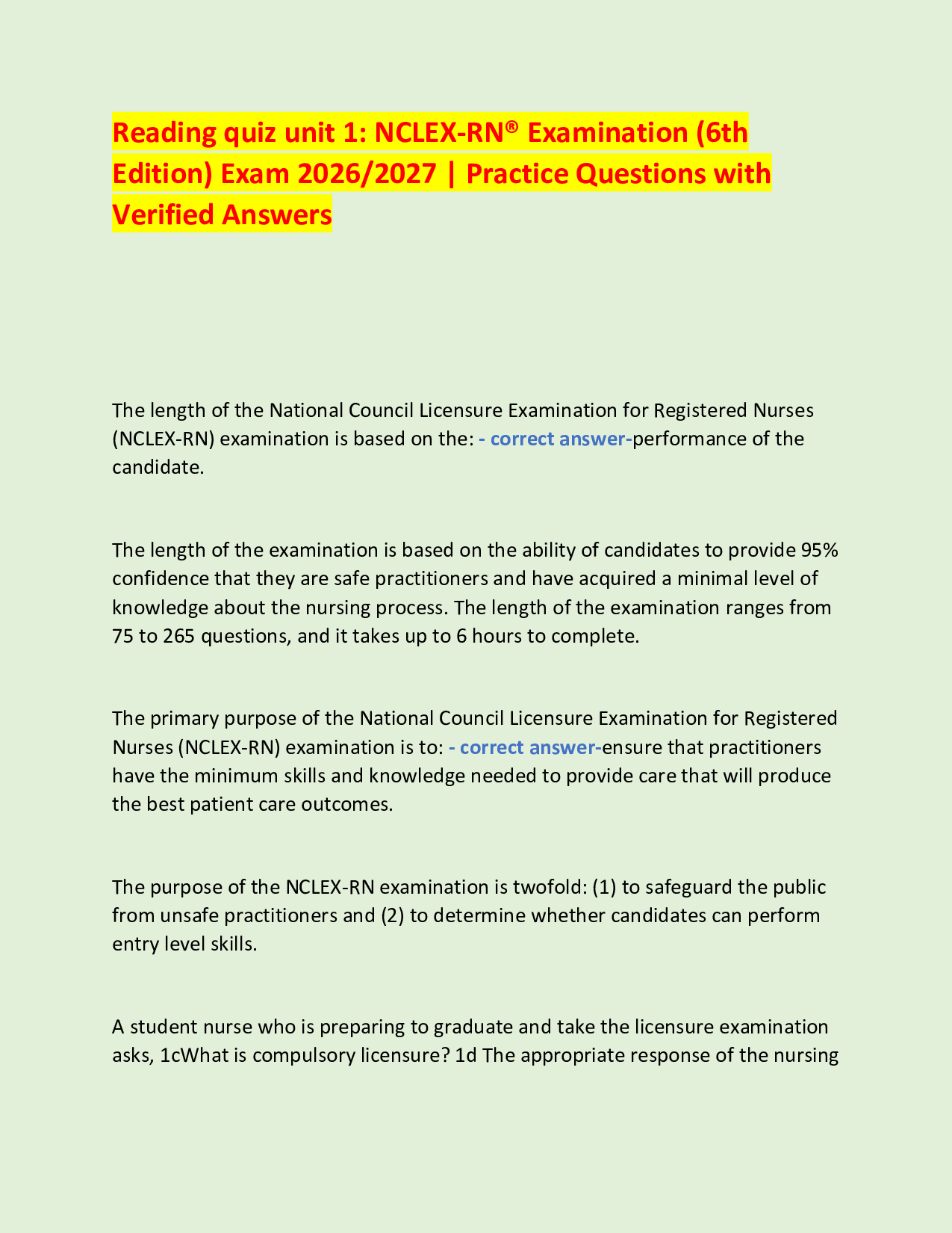 Reading quiz unit 1: NCLEX-RN® Examination (6th  Edition) Exam 2026/2027 | Practice Questions with Verified Answers