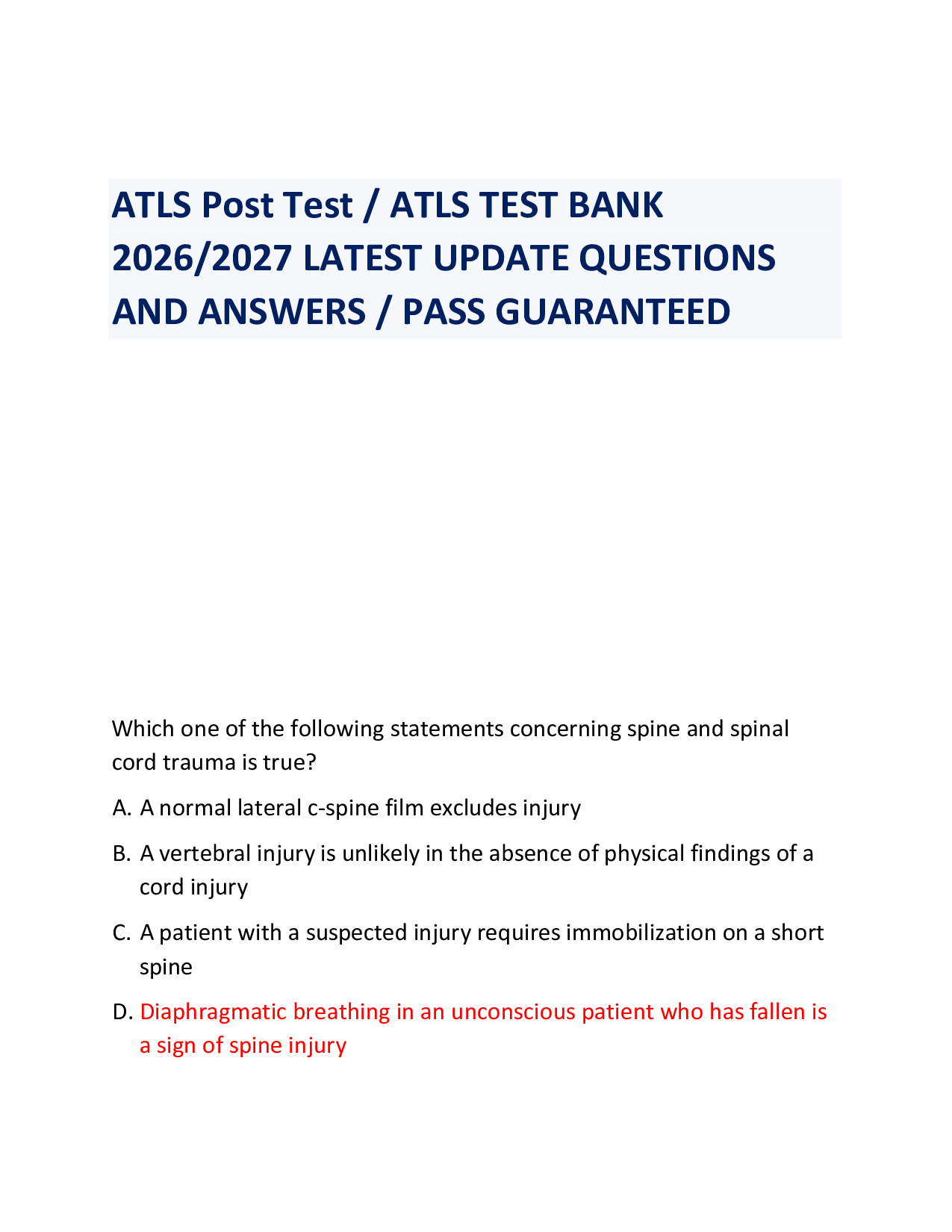 ATLS Post Test / ATLS TEST BANK   2026/2027 LATEST UPDATE QUESTIONS AND ANSWERS / PASS GUARANTEED
