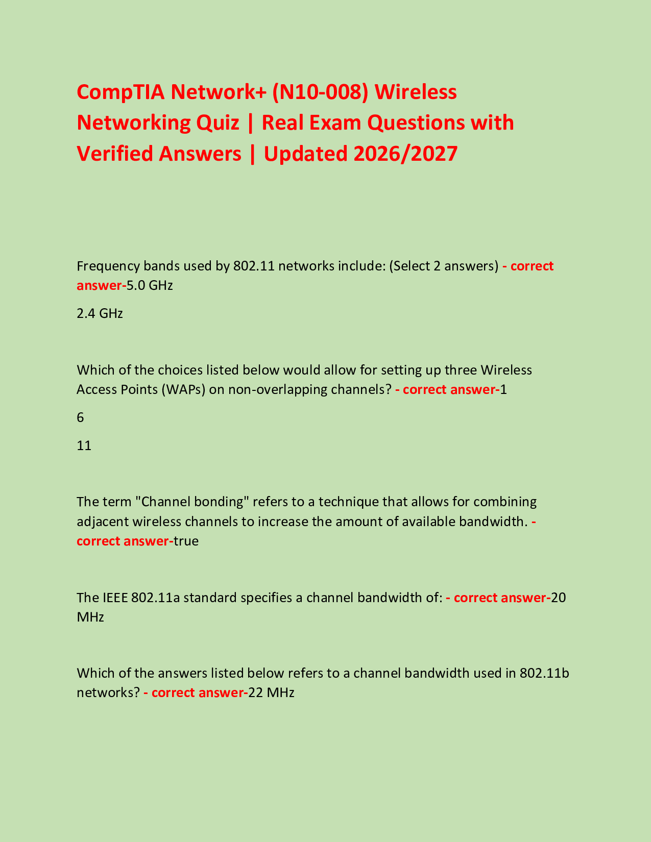 CompTIA Network+ (N10-008) Wireless  Networking Quiz | Real Exam Questions with Verified Answers | Updated 2026/2027