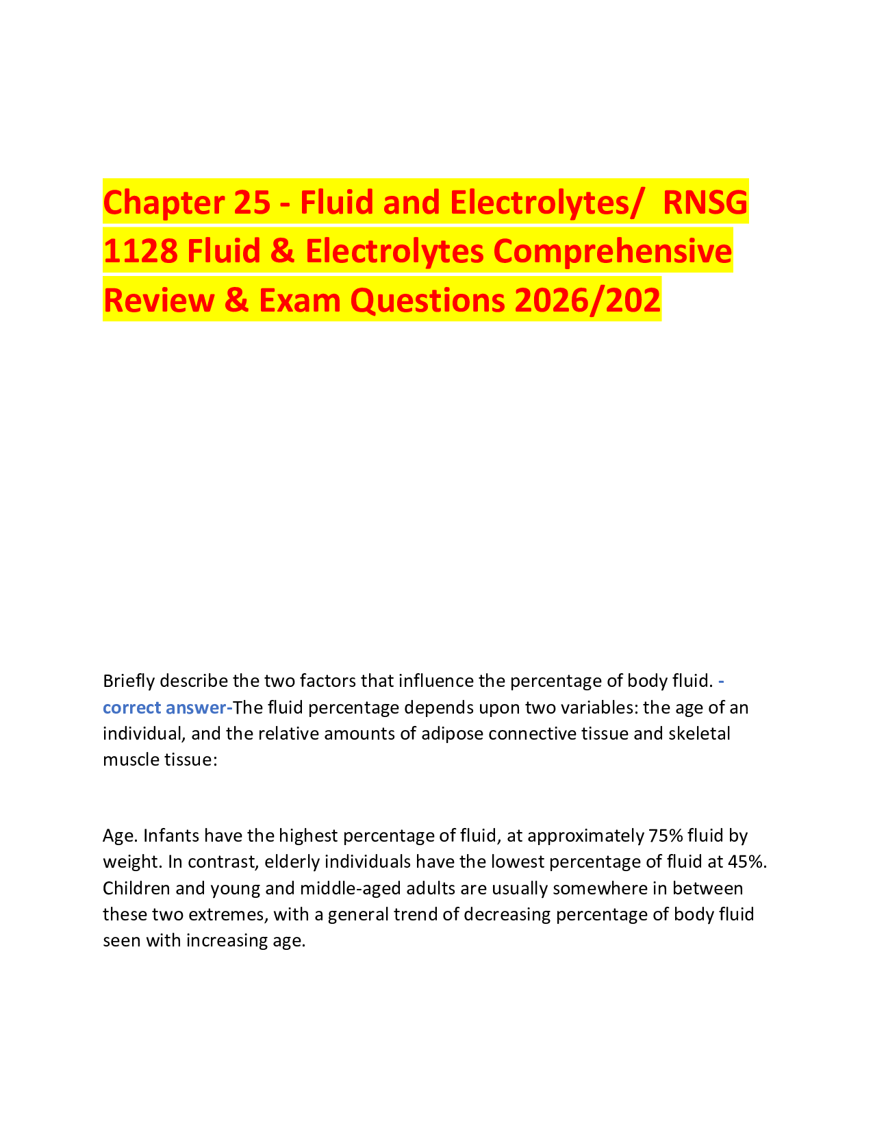 Chapter 25 - Fluid and Electrolytes/  RNSG  1128 Fluid & Electrolytes Comprehensive Review & Exam Questions 2026/202