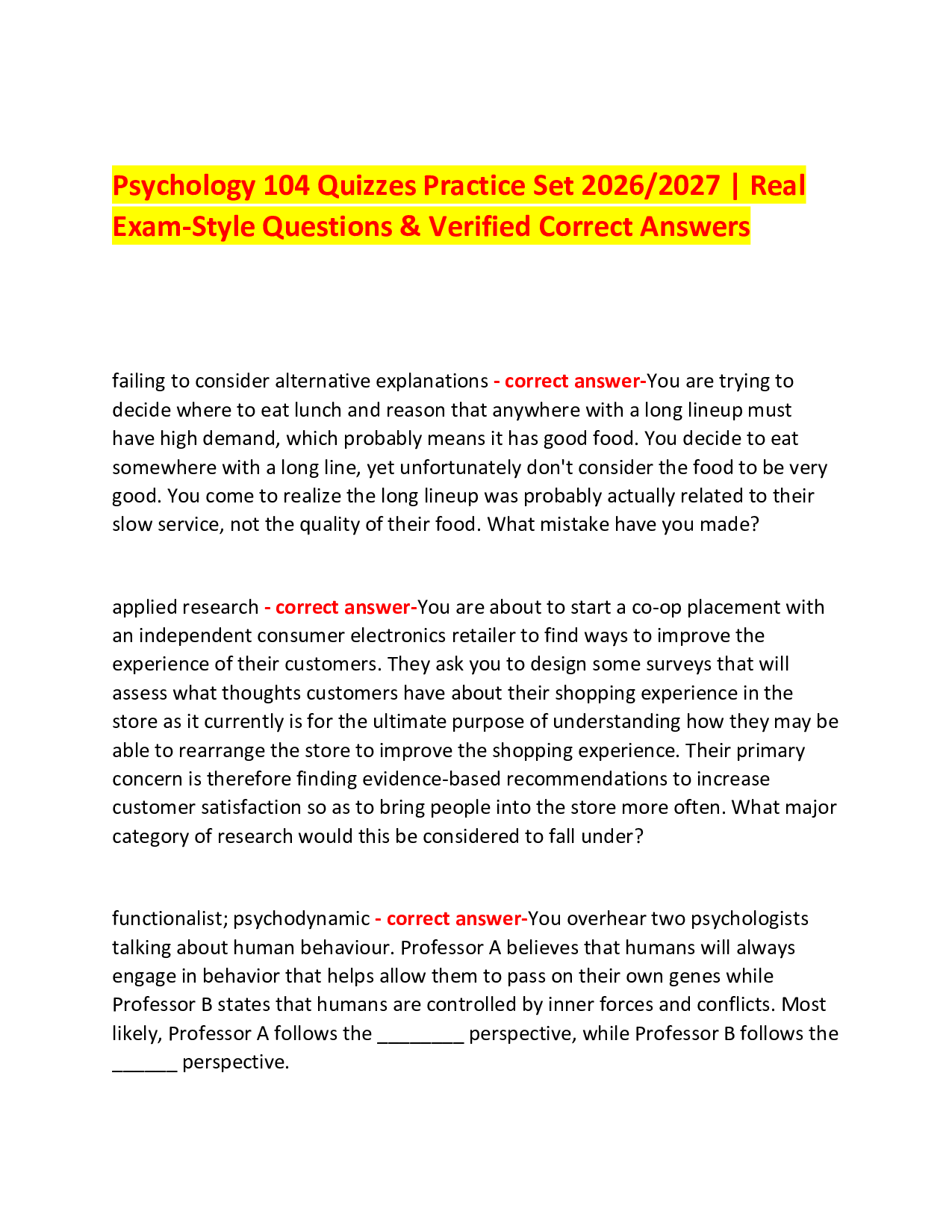 Psychology 104 Quizzes Practice Set 2026/2027 | Real Exam-Style Questions & Verified Correct Answers