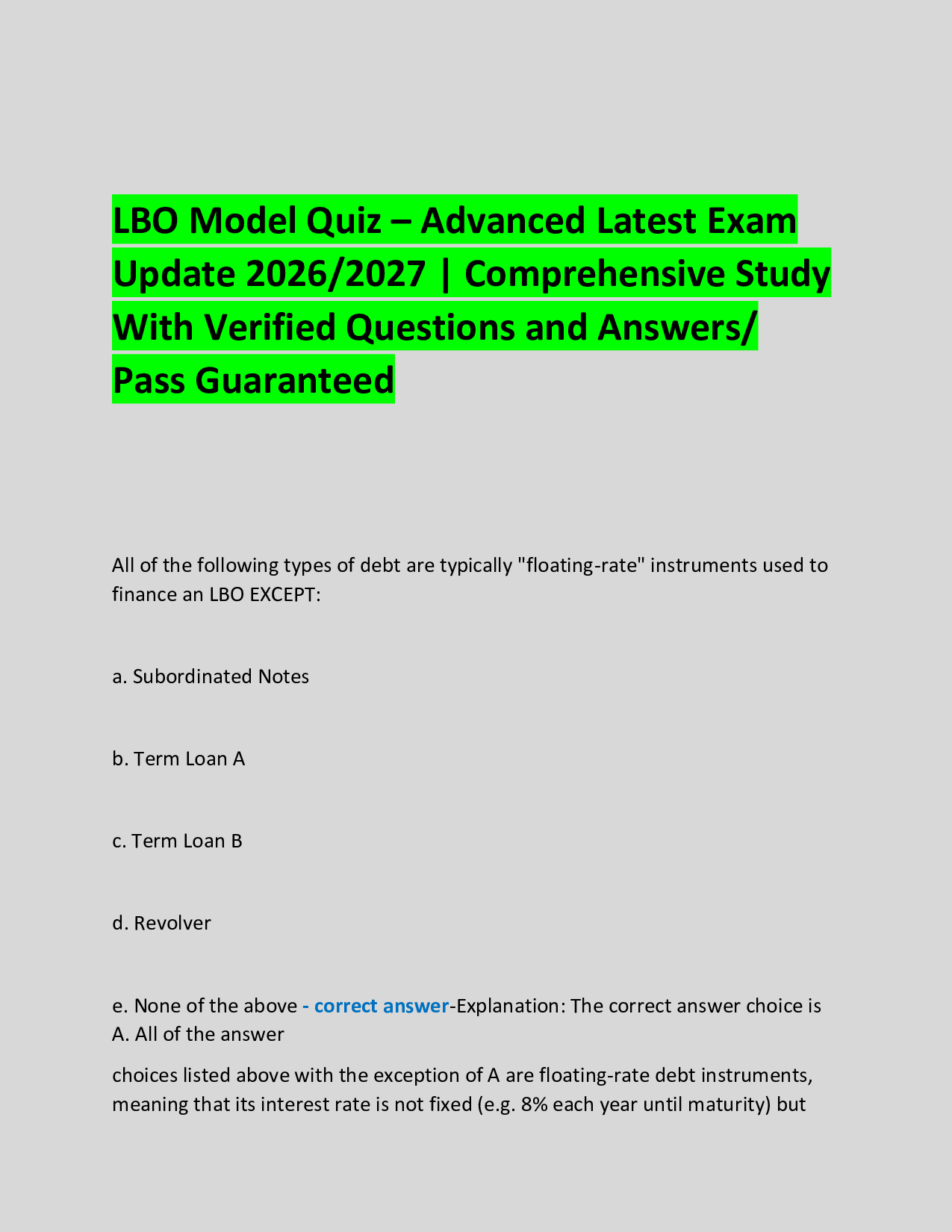 LBO Model Quiz – Advanced Latest Exam  Update 2026/2027 | Comprehensive Study  With Verified Questions and Answers/  Pass Guaranteed