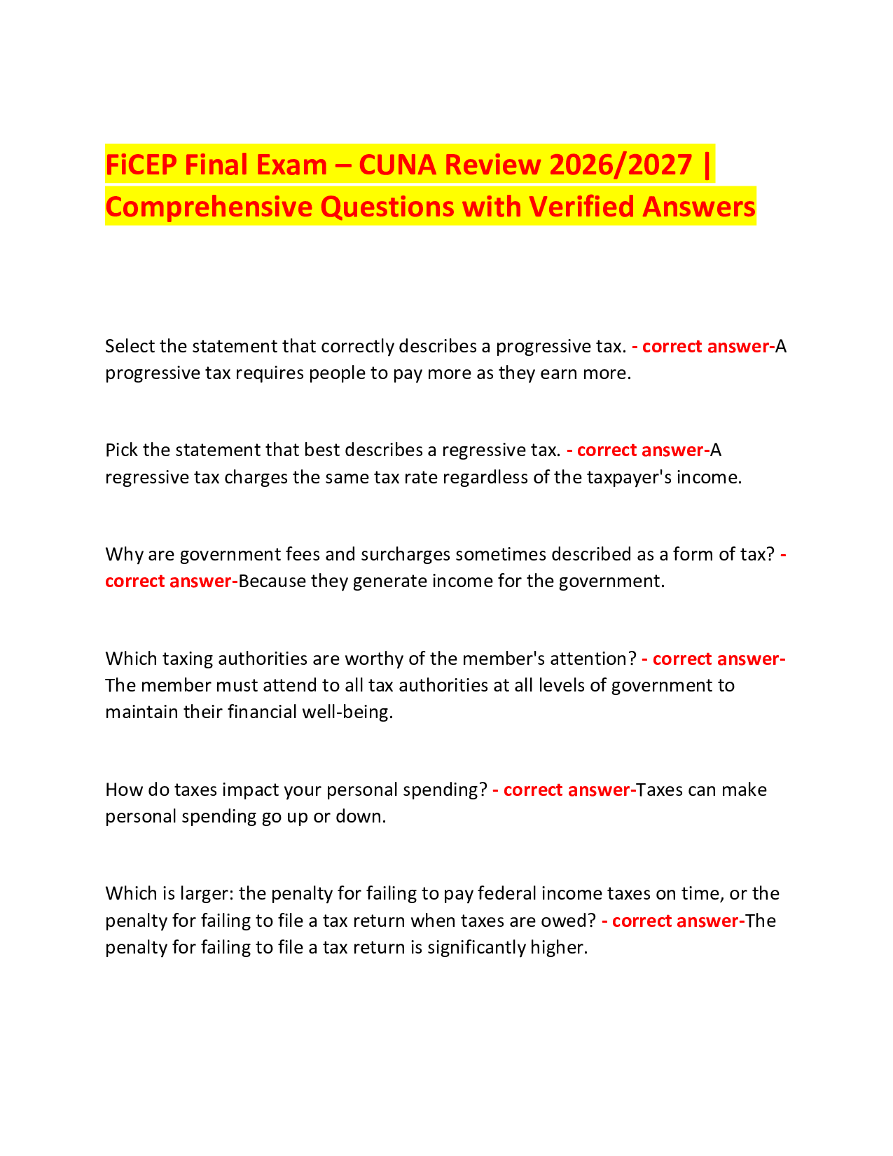 FiCEP Final Exam – CUNA Review 2026/2027 |  Comprehensive Questions with Verified Answers