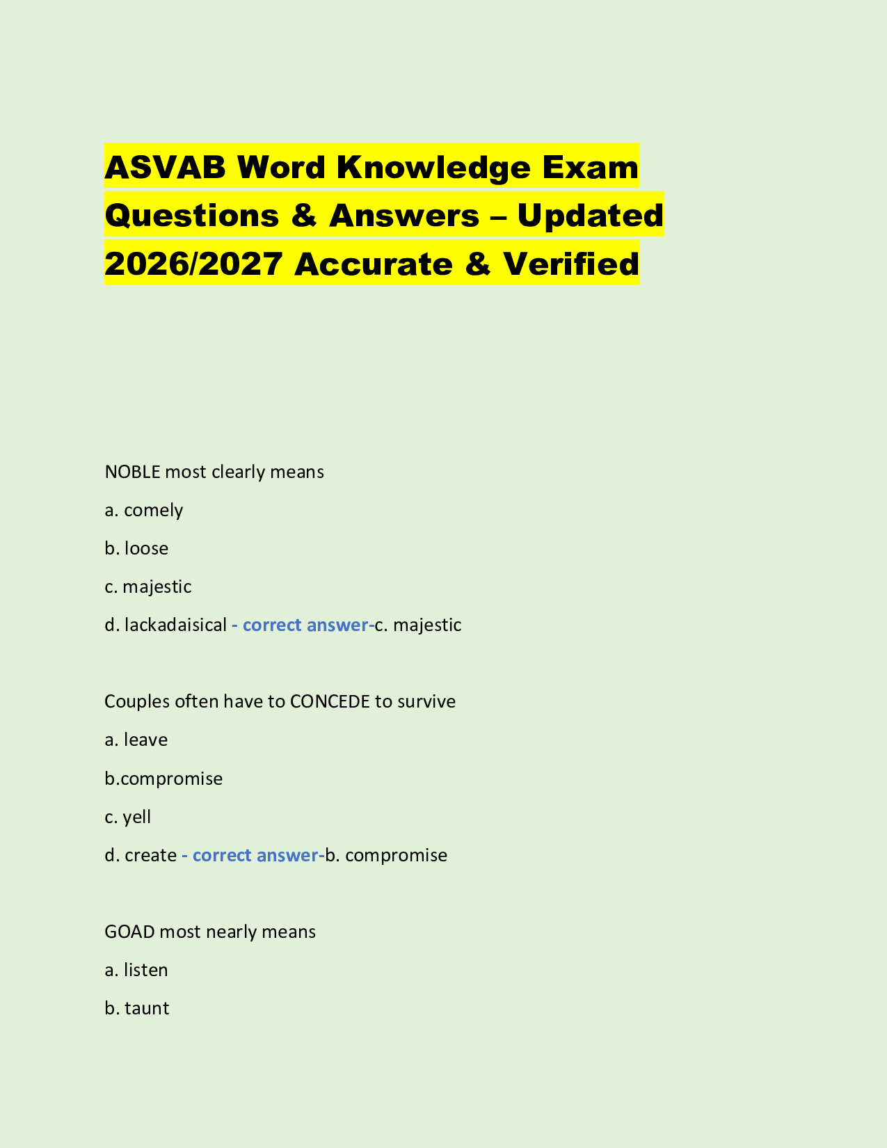 ASVAB Word Knowledge Exam  Questions & Answers – Updated  2026/2027 Accurate & Verified