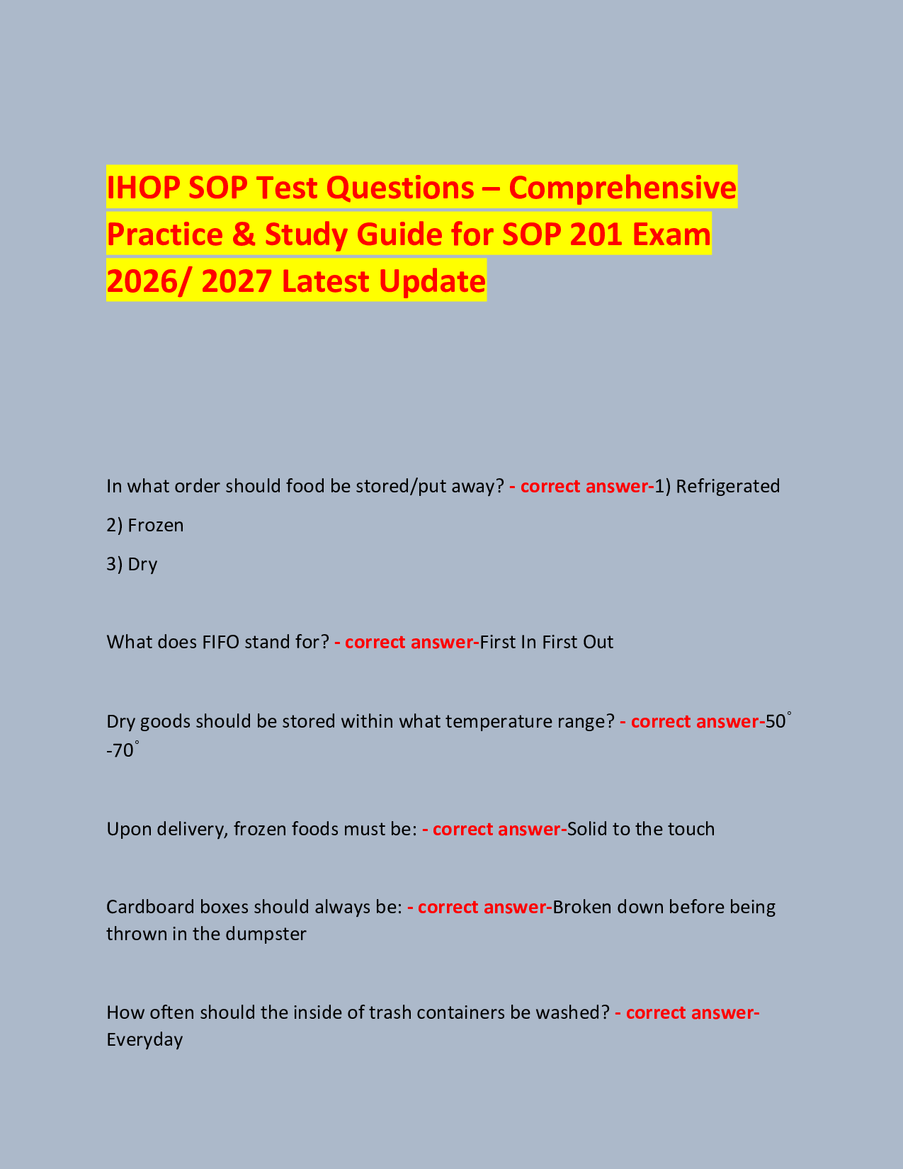 IHOP SOP Test Questions – Comprehensive  Practice & Study Guide for SOP 201 Exam 2026/ 2027 Latest Update