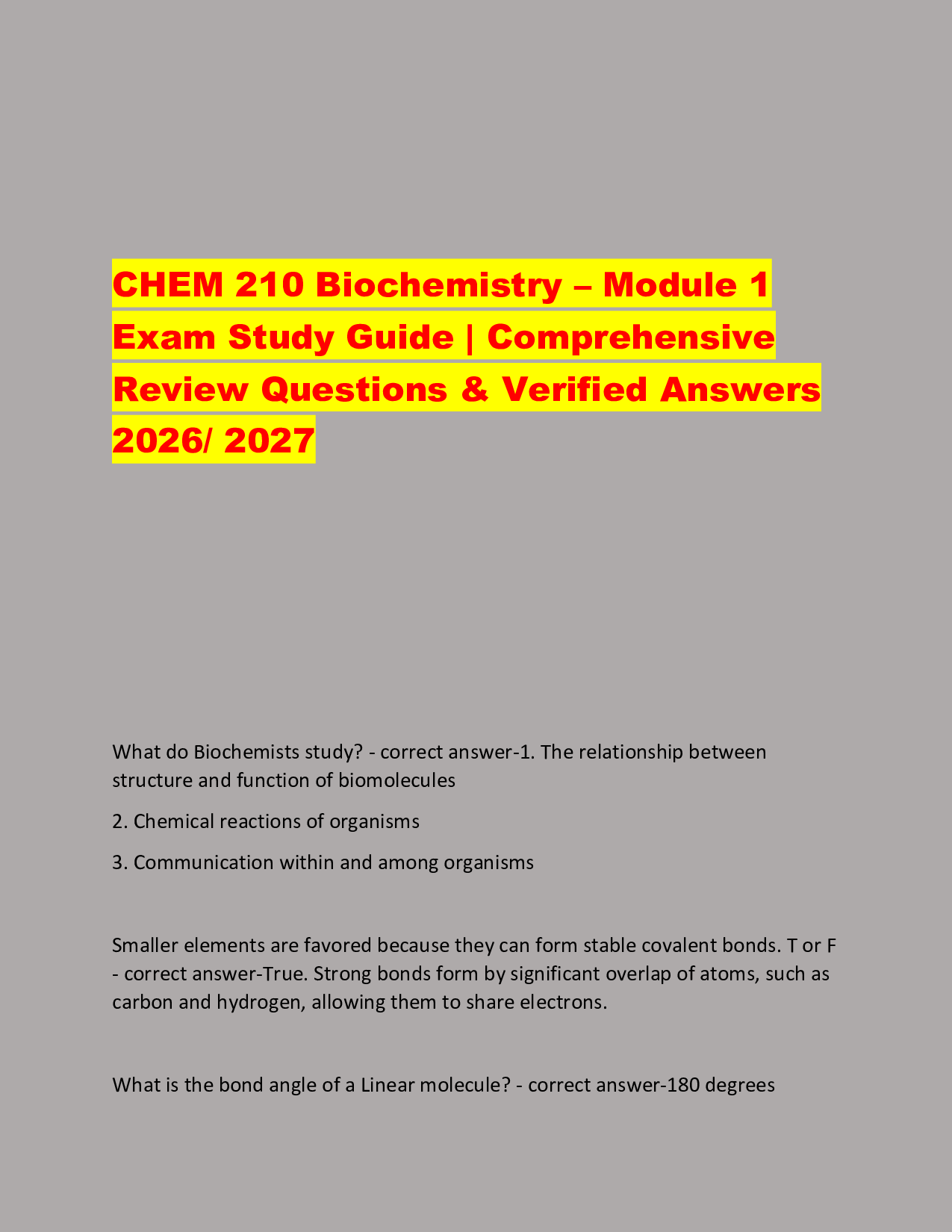 CHEM 210 Biochemistry – Module 1 Exam Study Guide | Comprehensive Review Questions & Verified Answers 2026/ 2027