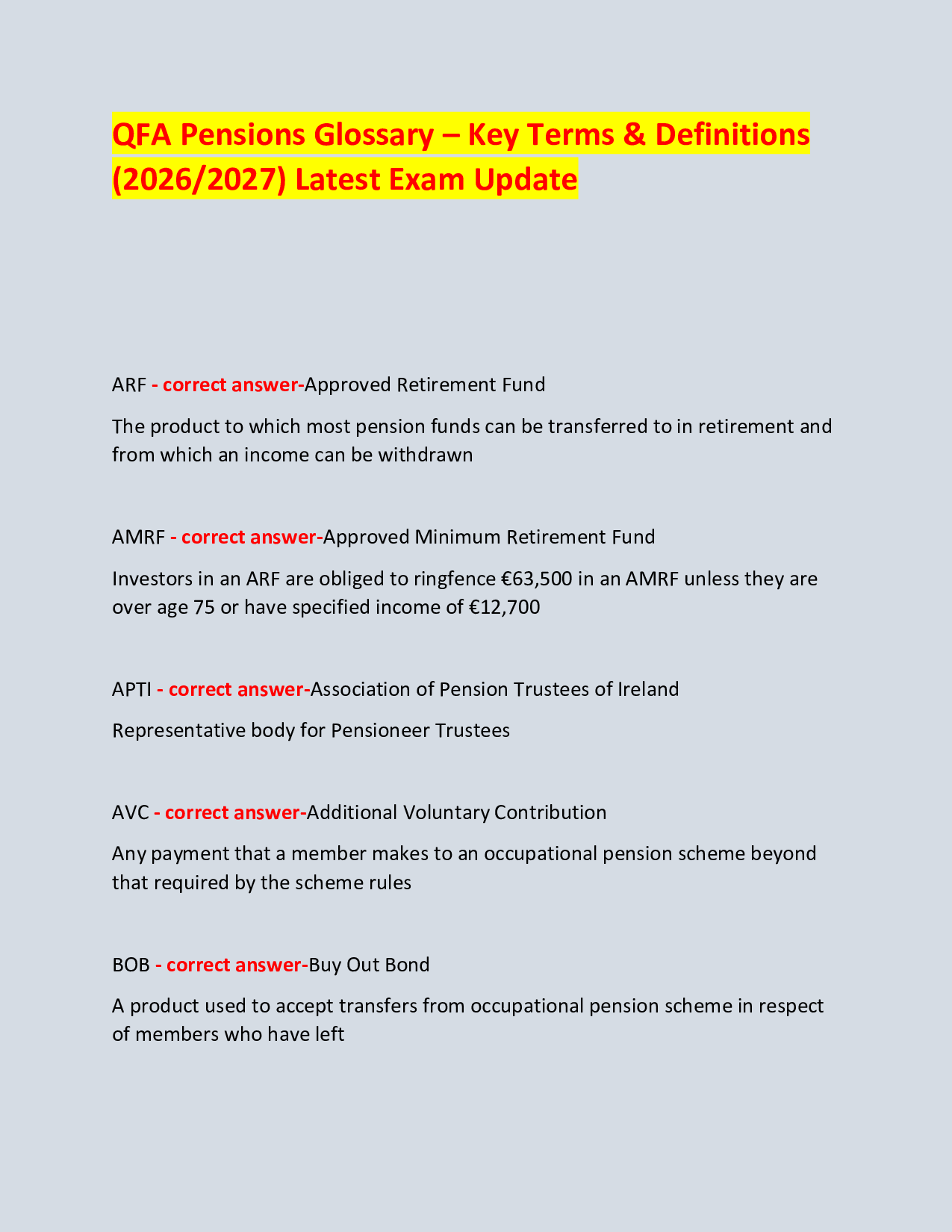 QFA Pensions Glossary – Key Terms & Definitions (2026/2027) Latest Exam Update