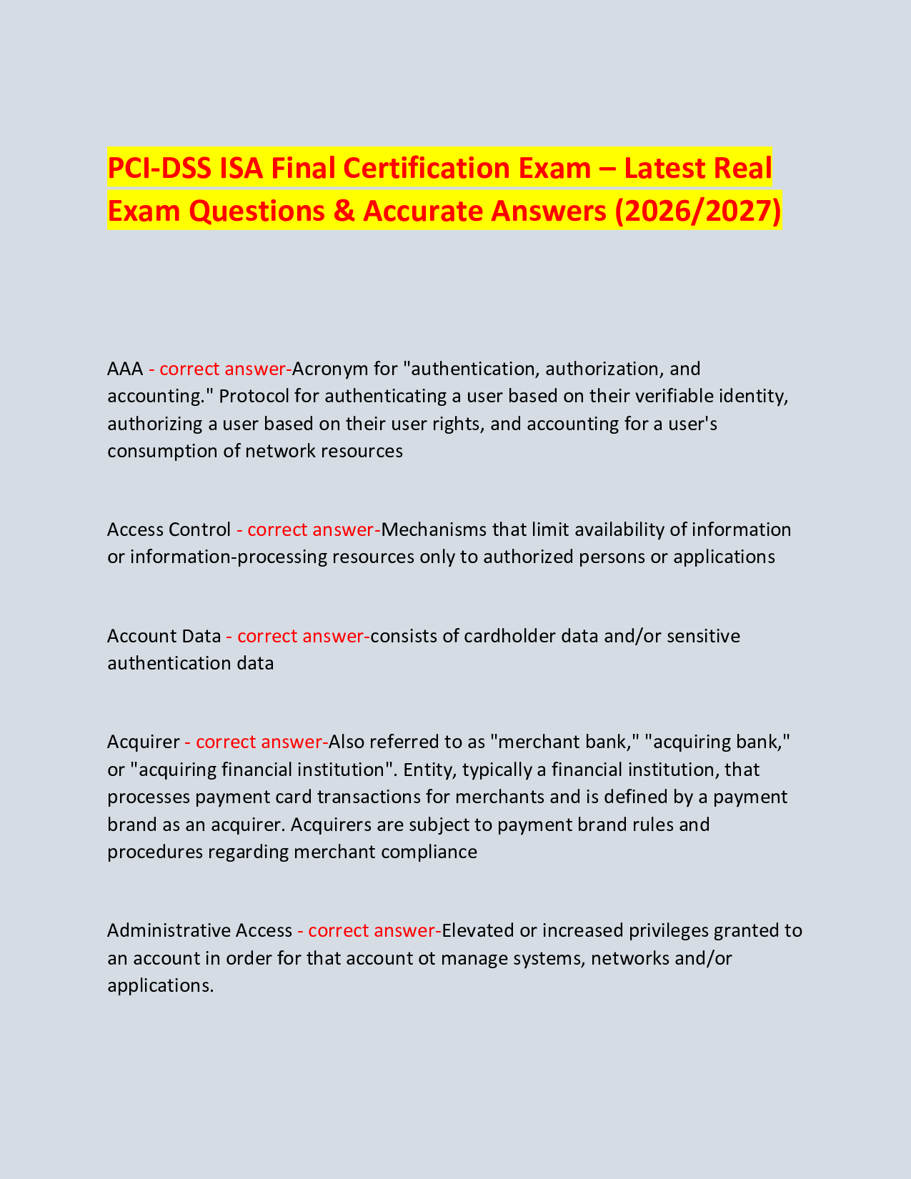 PCI-DSS ISA Final Certification Exam – Latest Real  Exam Questions & Accurate Answers (2026/2027)