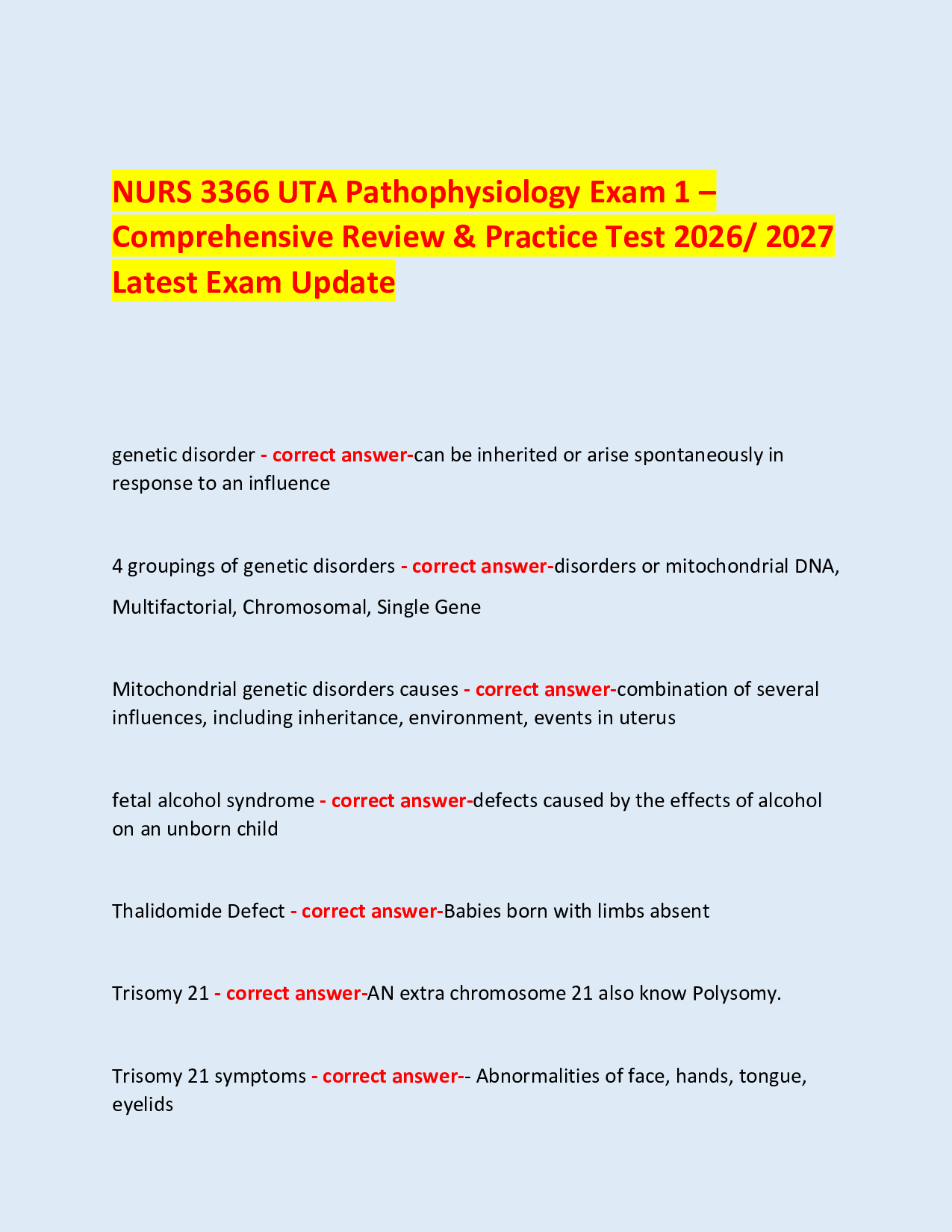 NURS 3366 UTA Pathophysiology Exam 1 – Comprehensive Review & Practice Test 2026/ 2027 Latest Exam Update