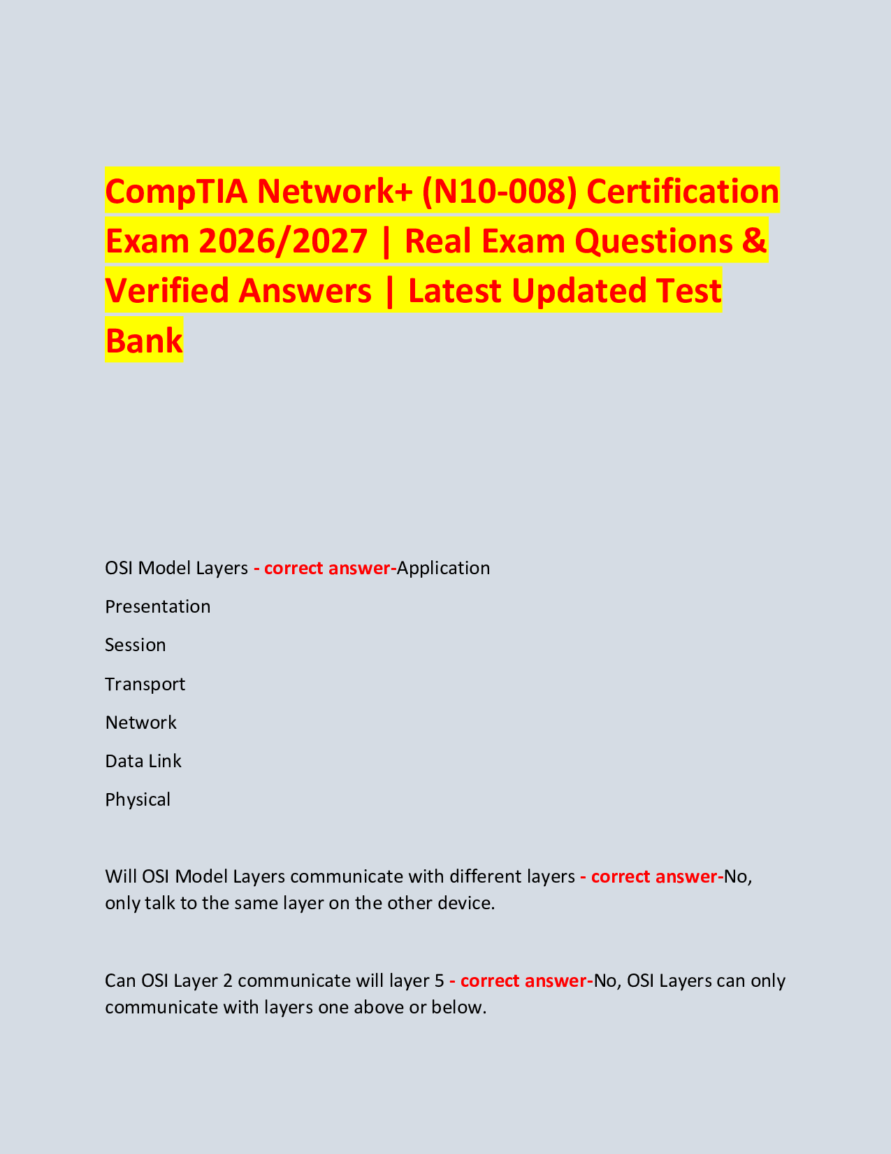 CompTIA Network+ (N10-008) Certification Exam 2026/2027 | Real Exam Questions & Verified Answers | Latest Updated Test Bank