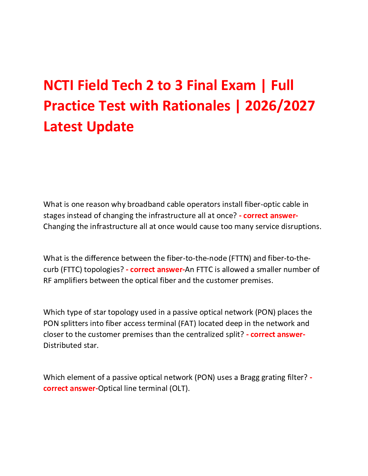 NCTI Field Tech 2 to 3 Final Exam | Full  Practice Test with Rationales | 2026/2027 Latest Update