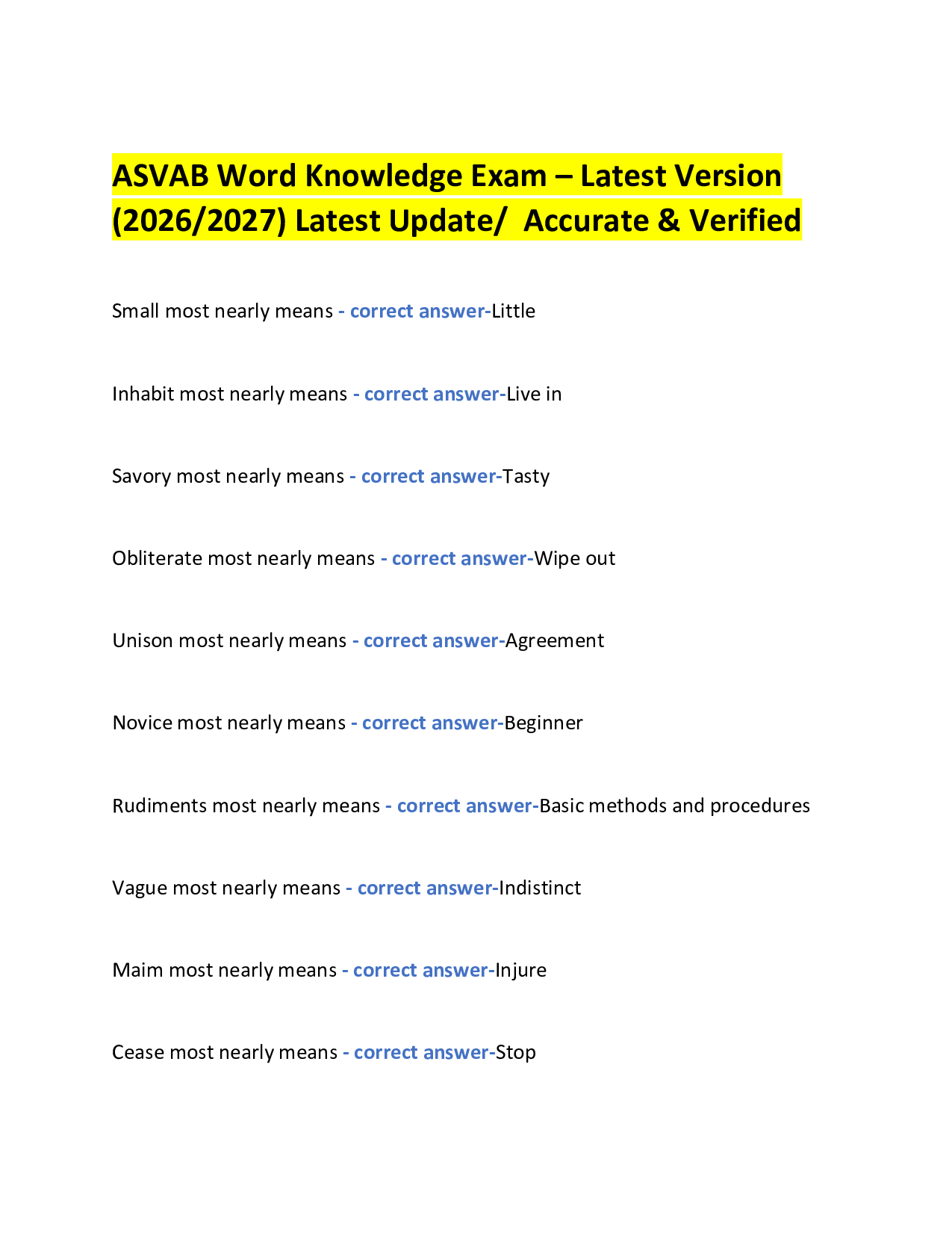 ASVAB Word Knowledge Exam – Latest Version  (2026/2027) Latest Update/  Accurate & Verified