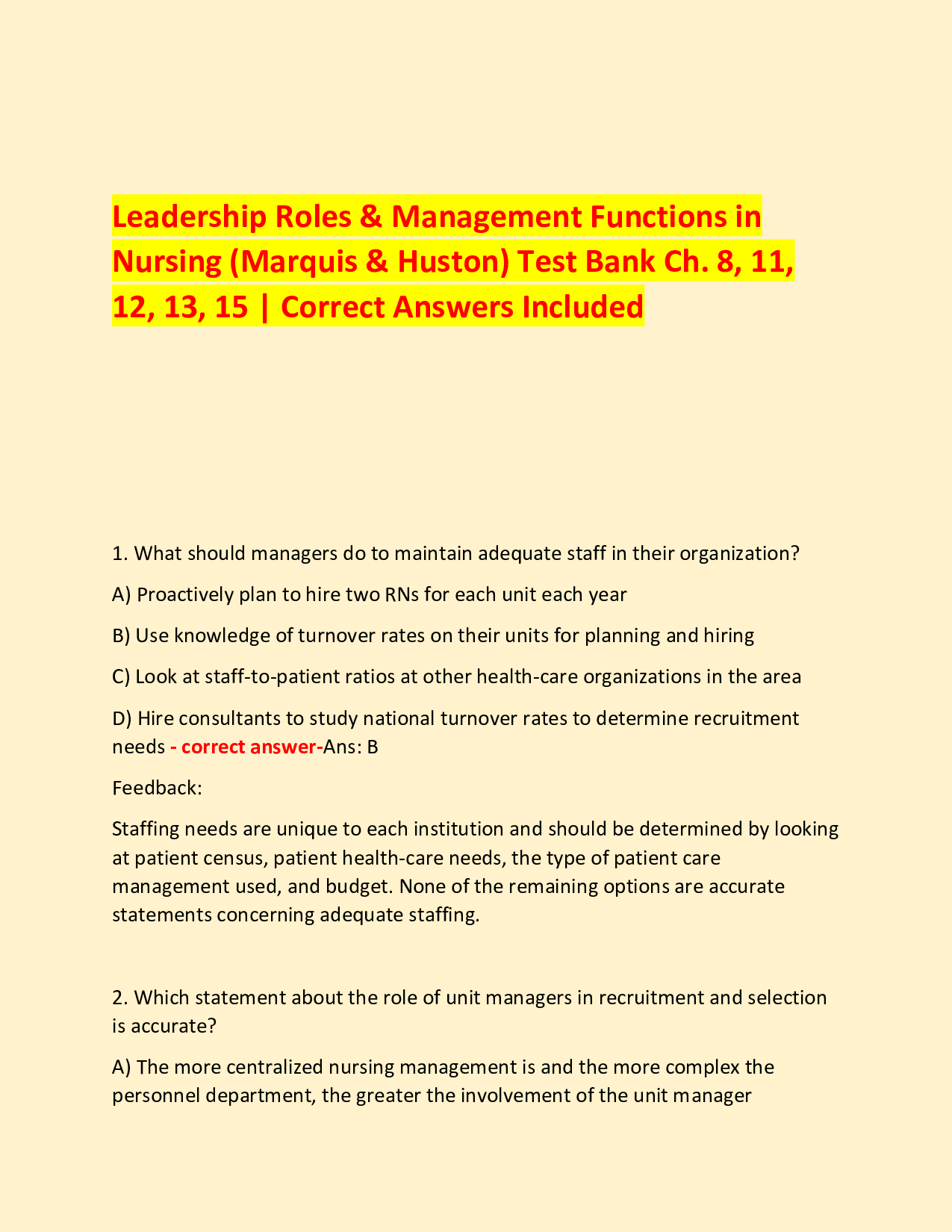 Leadership Roles & Management Functions in  Nursing (Marquis & Huston) Test Bank Ch. 8, 11, 12, 13, 15 | Correct Answers Included