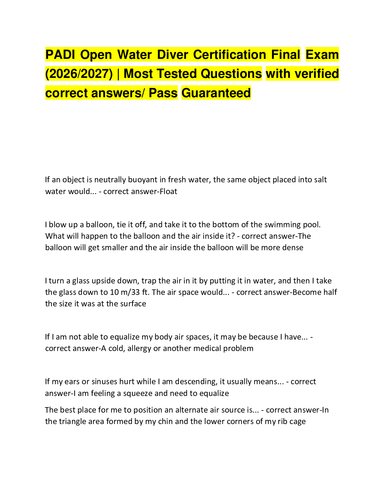 PADI Open Water Diver Certification Final Exam (2026/2027) | Most Tested Questions with verified correct answers/ Pass Guaranteed
