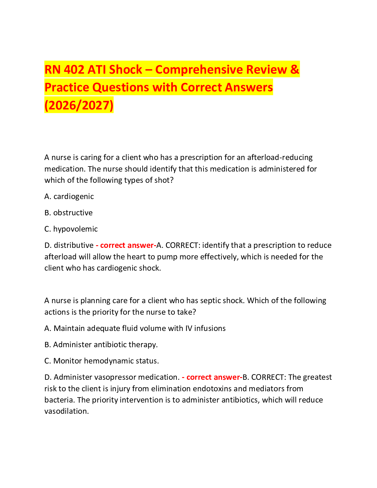 RN 402 ATI Shock – Comprehensive Review &  Practice Questions with Correct Answers (2026/2027)