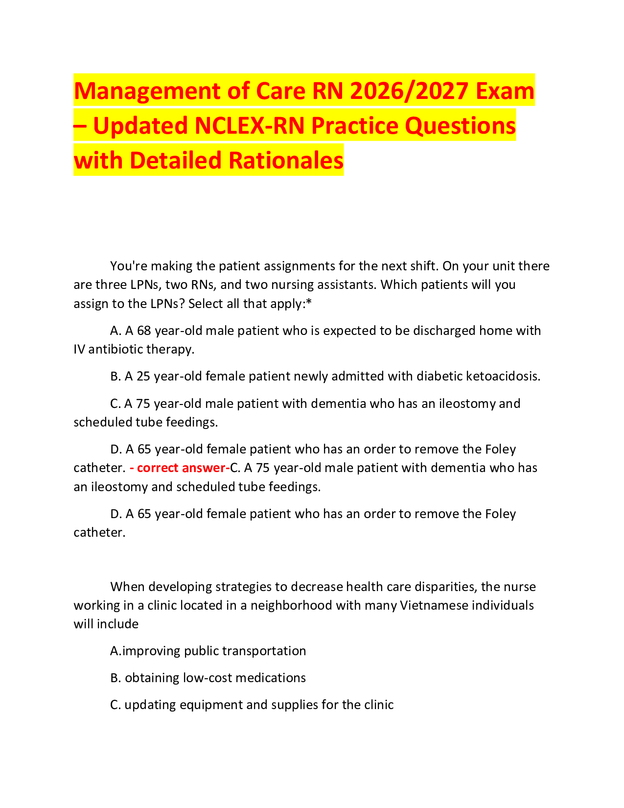 Management of Care RN 2026/2027 Exam – Updated NCLEX-RN Practice Questions with Detailed Rationales