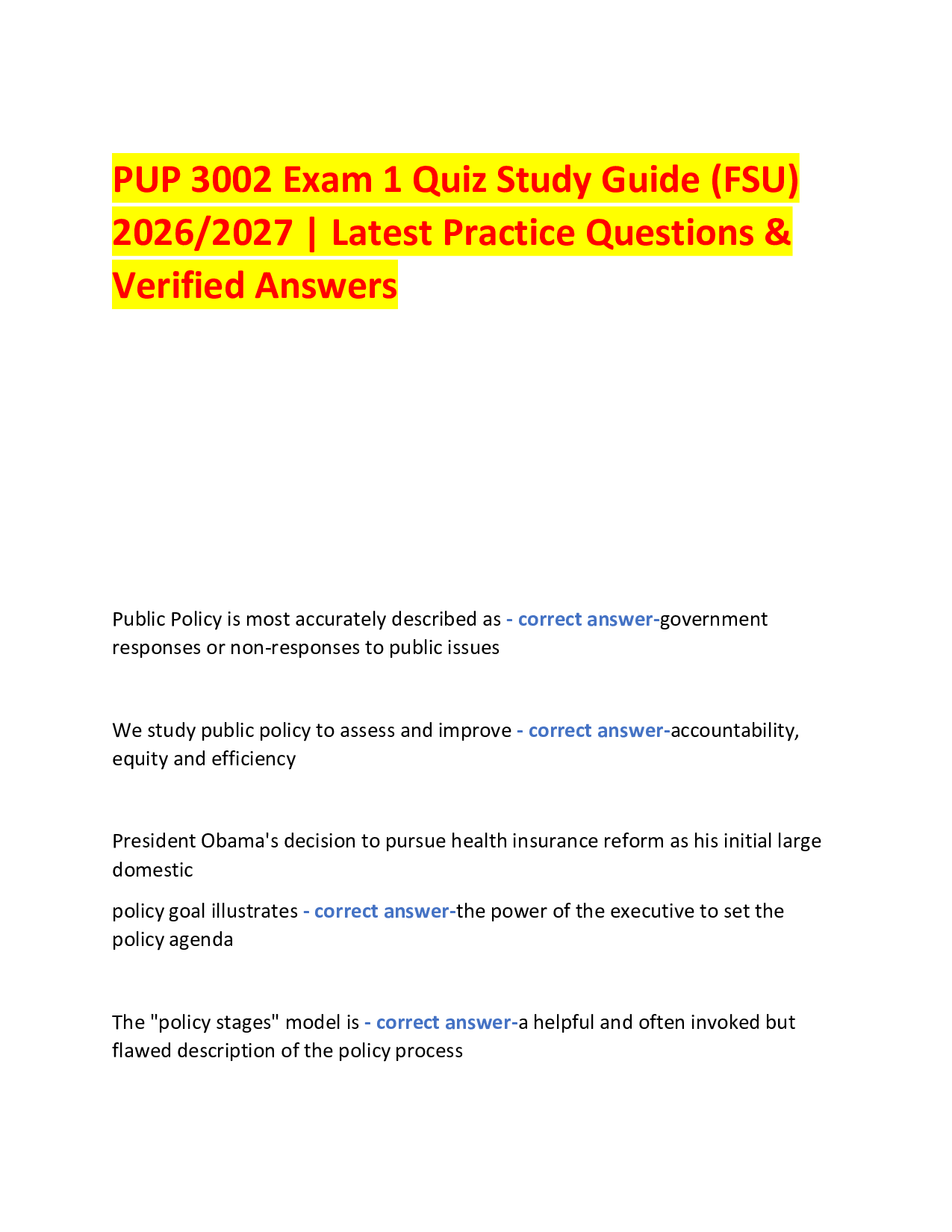 PUP 3002 Exam 1 Quiz Study Guide (FSU)  2026/2027 | Latest Practice Questions & Verified Answers