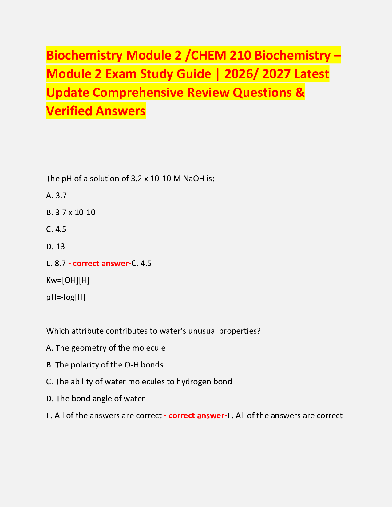 Biochemistry Module 2 /CHEM 210 Biochemistry –  Module 2 Exam Study Guide | 2026/ 2027 Latest  Update Comprehensive Review Questions & Verified Answers
