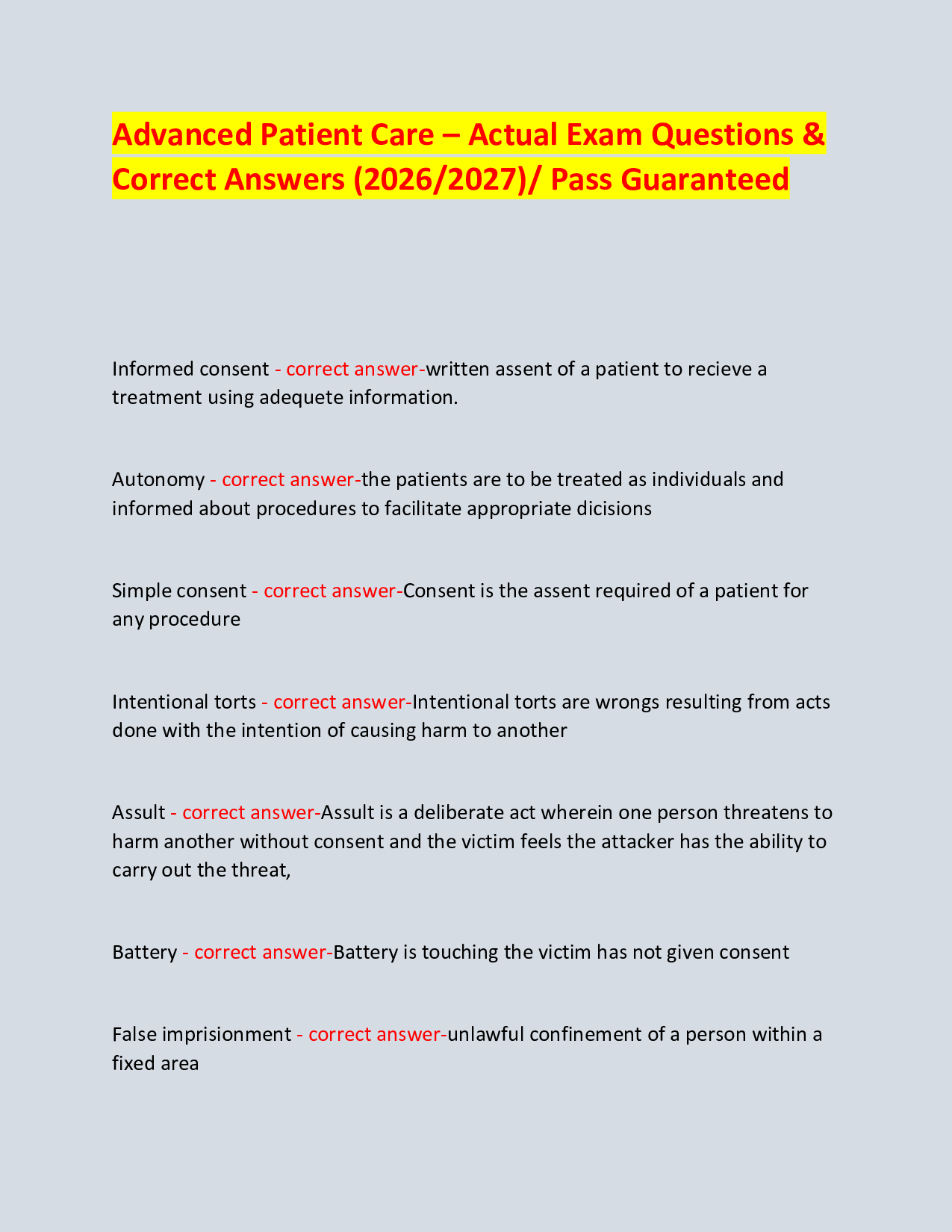 Advanced Patient Care – Actual Exam Questions & Correct Answers (2026/2027)/ Pass Guaranteed