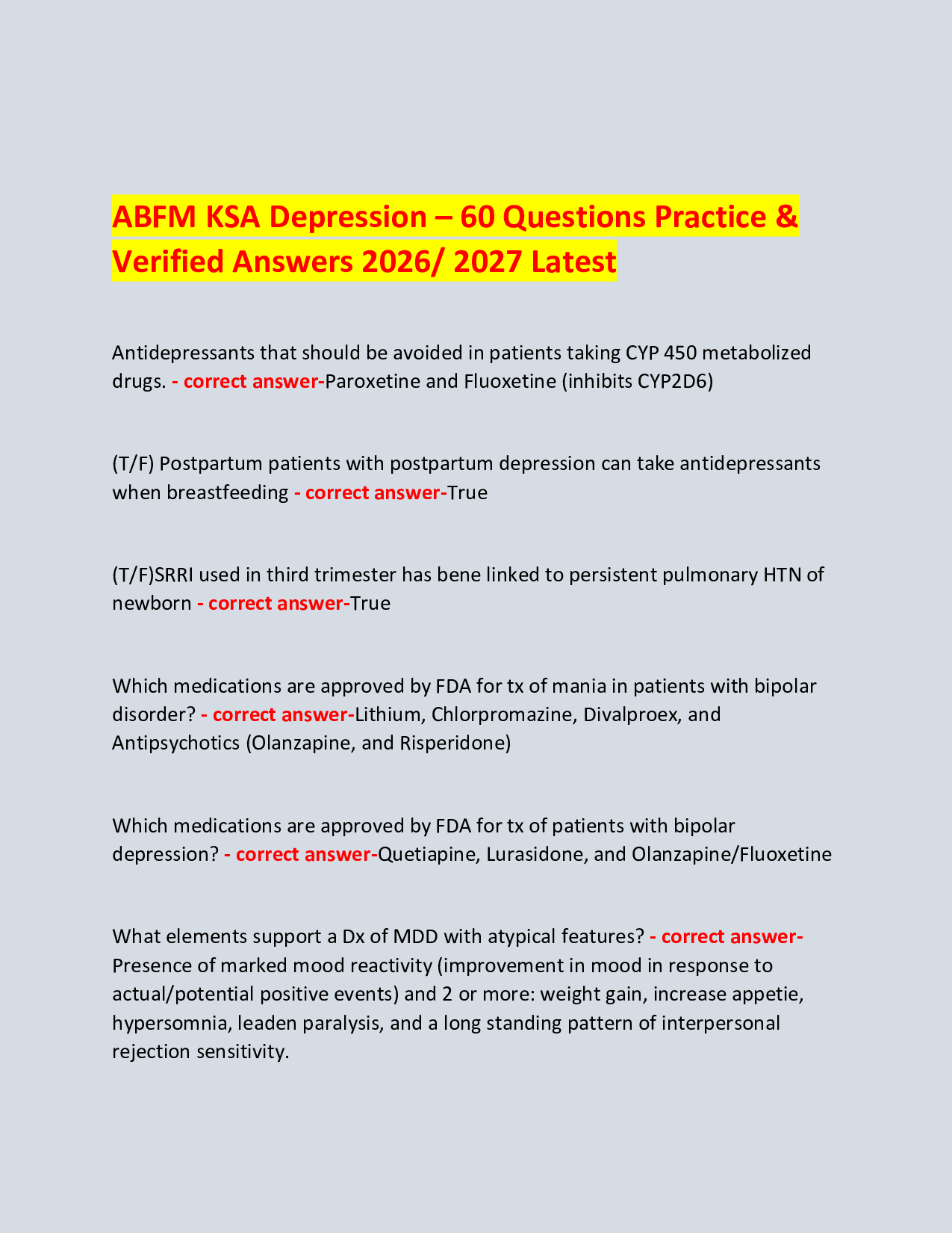 ABFM KSA Depression – 60 Questions Practice & Verified Answers 2026/ 2027 Latest