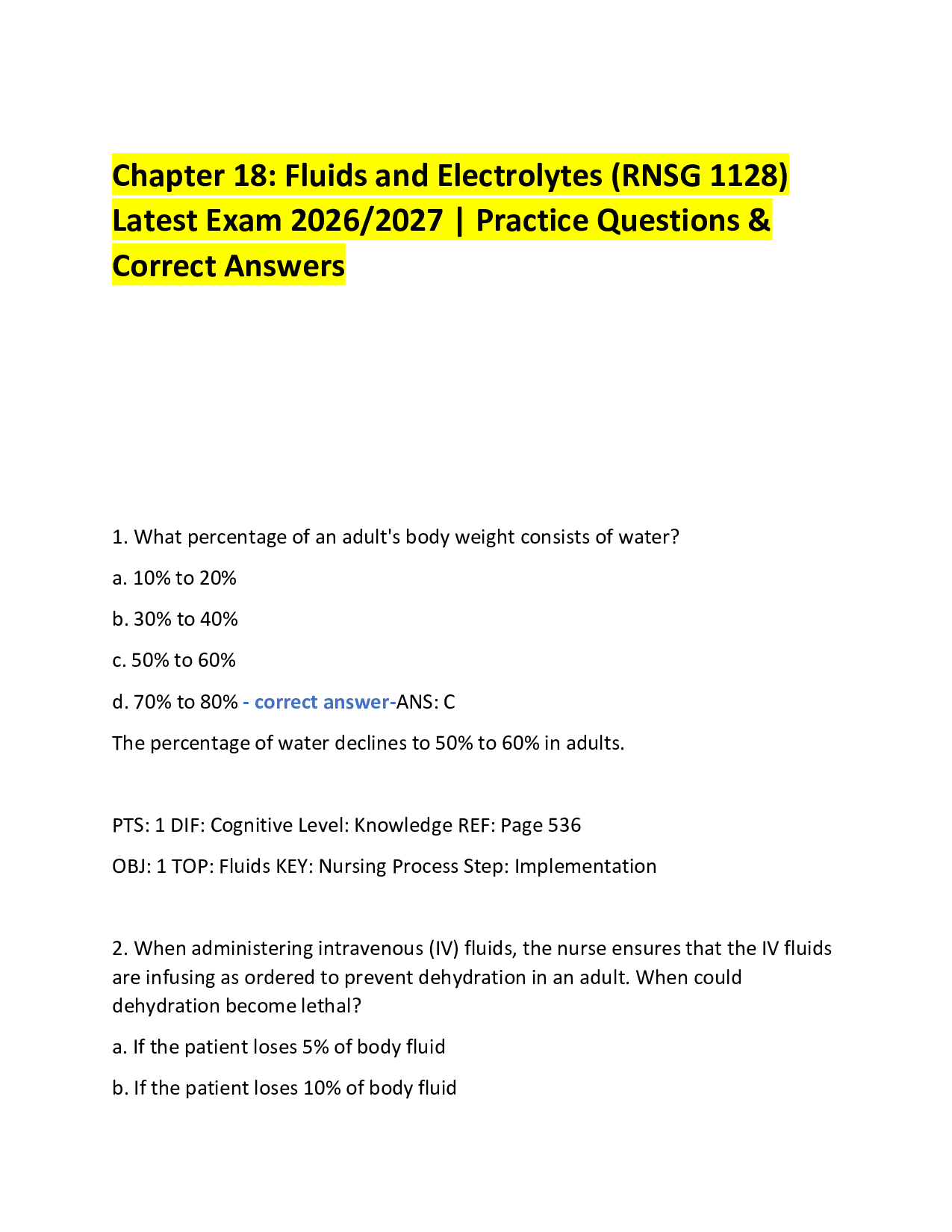 Chapter 18: Fluids and Electrolytes (RNSG 1128)  Latest Exam 2026/2027 | Practice Questions & Correct Answers