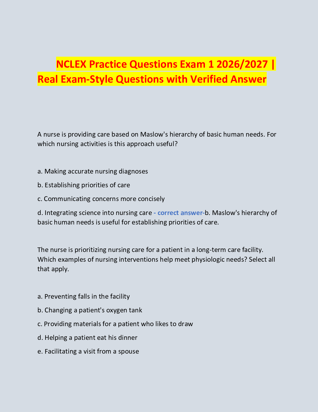 NCLEX Practice Questions Exam 1 2026/2027 | Real Exam-Style Questions with Verified Answer