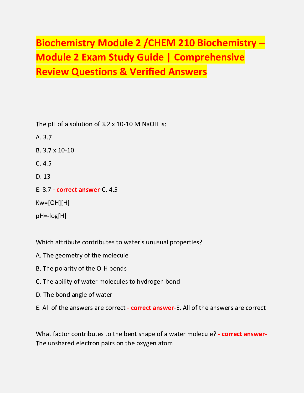 Biochemistry Module 2 /CHEM 210 Biochemistry –  Module 2 Exam Study Guide | Comprehensive Review Questions & Verified Answers