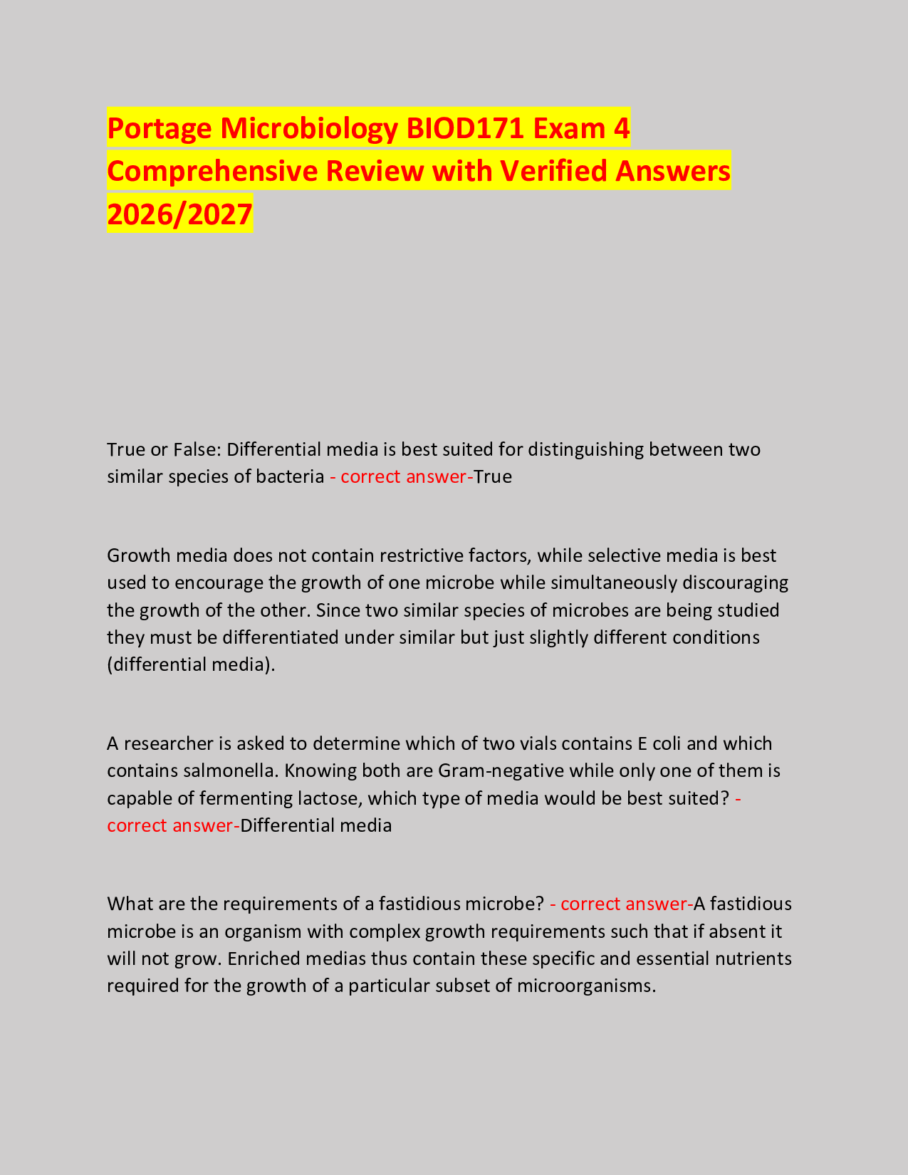 Portage Microbiology BIOD171 Exam 4  Comprehensive Review with Verified Answers 2026/2027