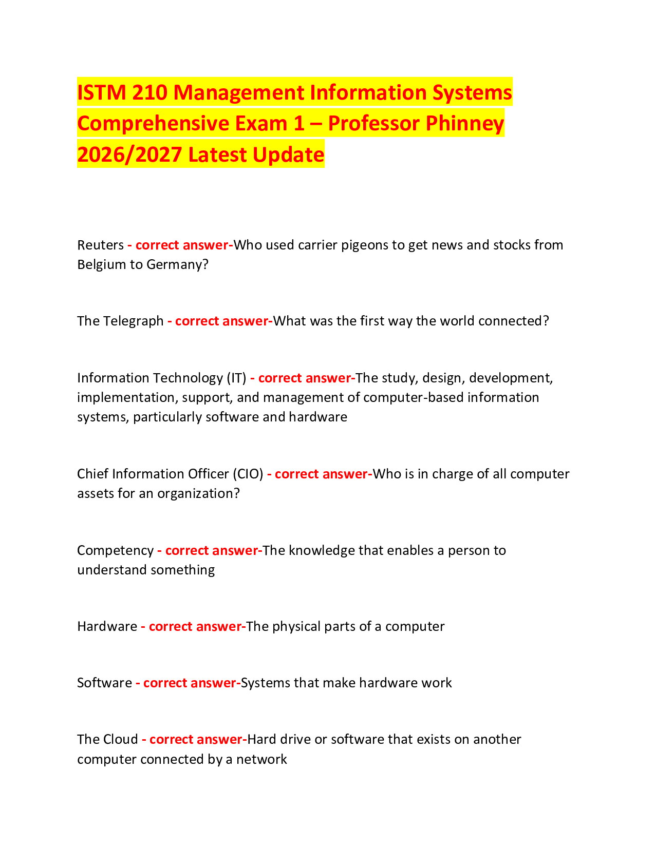 ISTM 210 Management Information Systems  Comprehensive Exam 1 – Professor Phinney 2026/2027 Latest Update