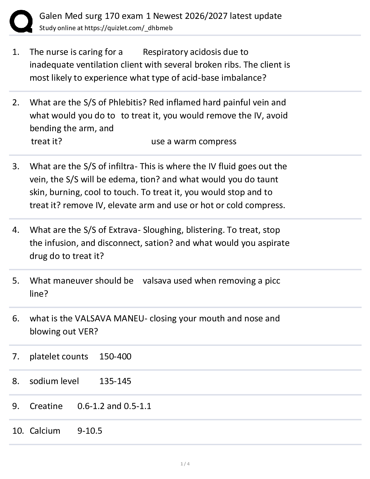 Galen Med surg 170 exam 1 Newest 2026/2027 latest update