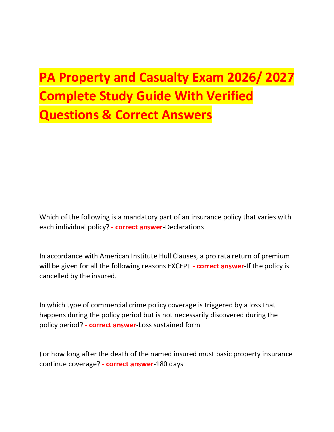 PA Property and Casualty Exam 2026/ 2027  Complete Study Guide With Verified Questions & Correct Answers