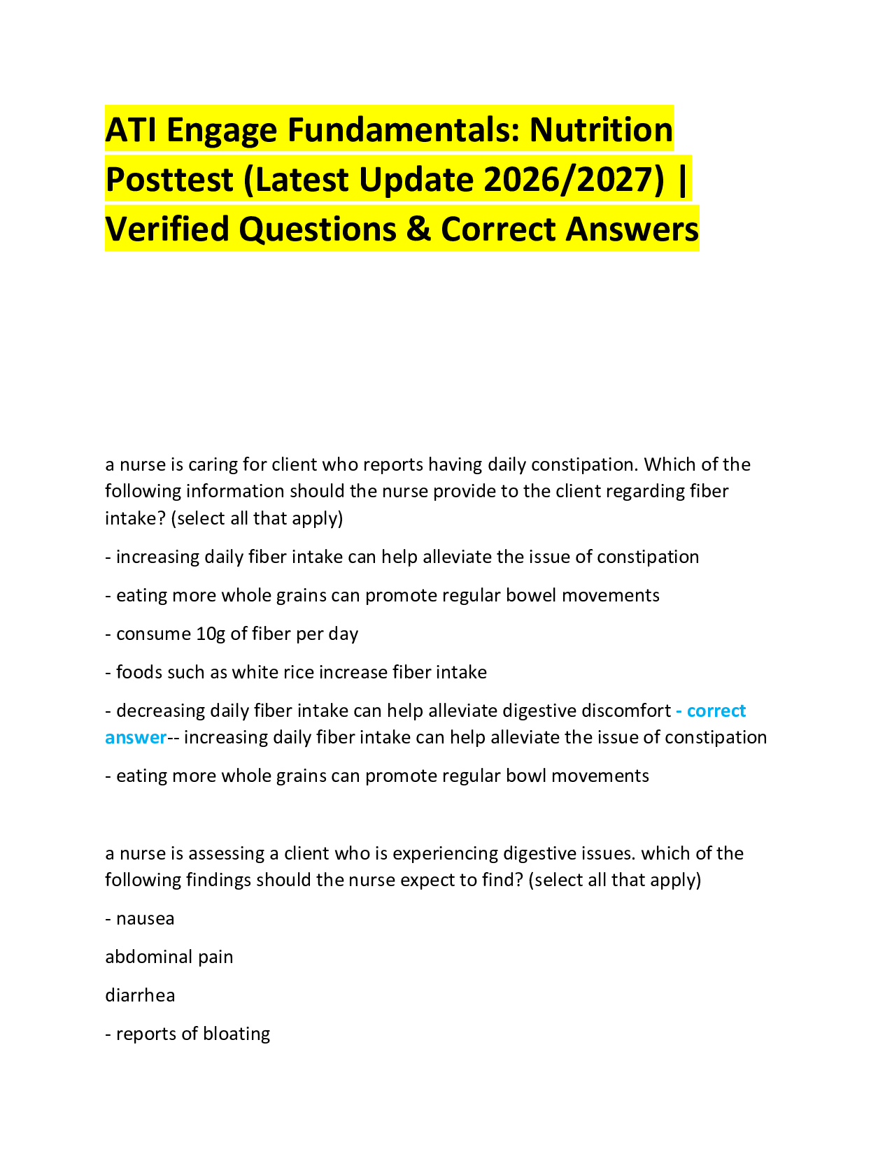 ATI Engage Fundamentals: Nutrition  Posttest (Latest Update 2026/2027) |  Verified Questions & Correct Answers