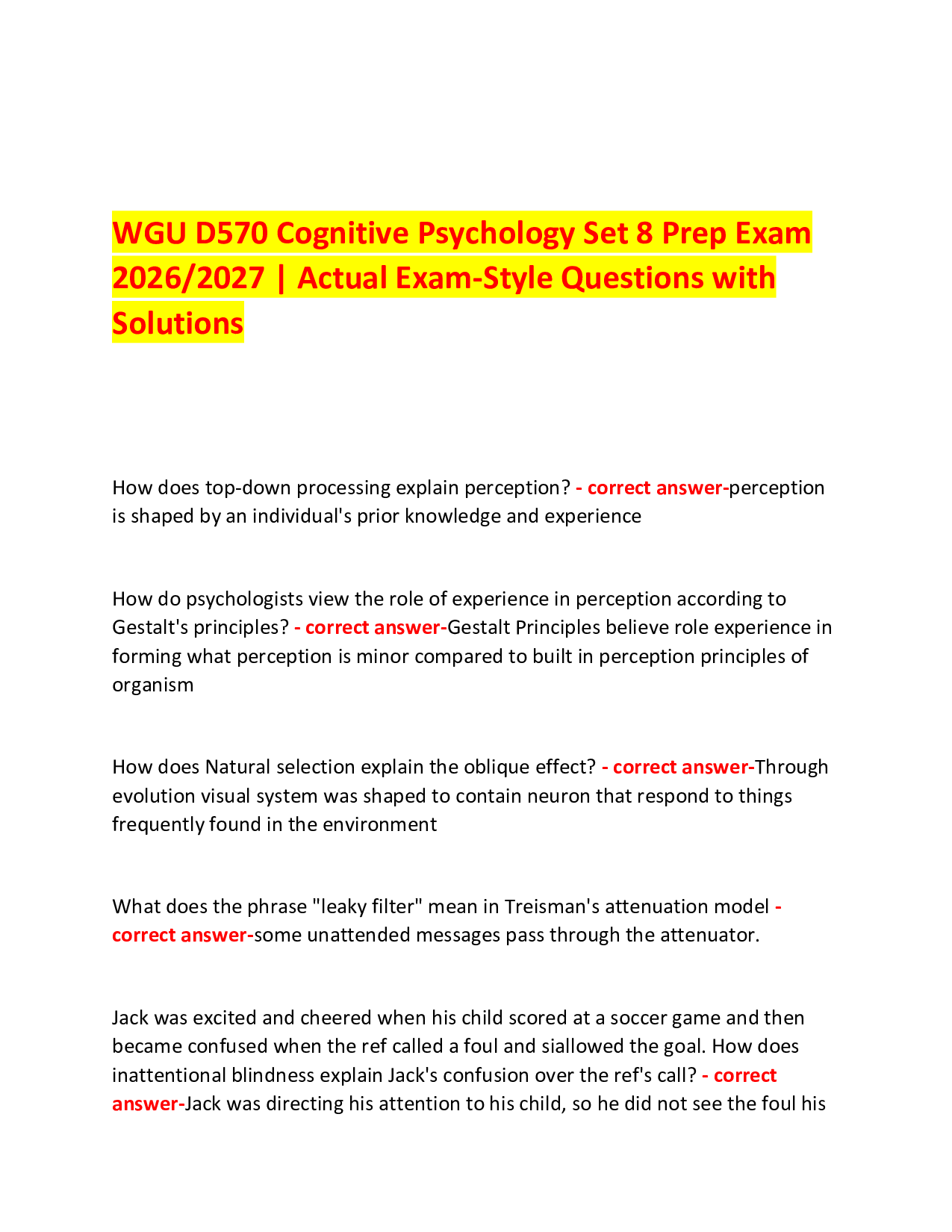 WGU D570 Cognitive Psychology Set 8 Prep Exam  2026/2027 | Real Exam-Style Questions with Solutions