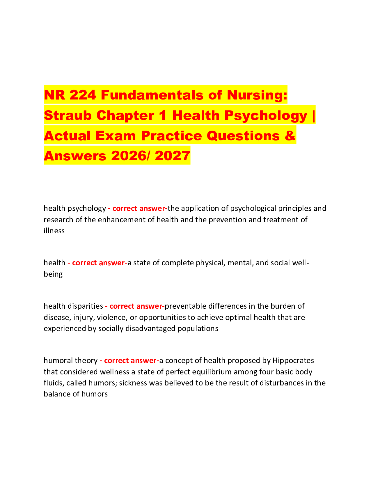 NR 224 Fundamentals of Nursing:  Straub Chapter 1 Health Psychology |  Actual Exam Practice Questions &  Answers 2026/ 2027