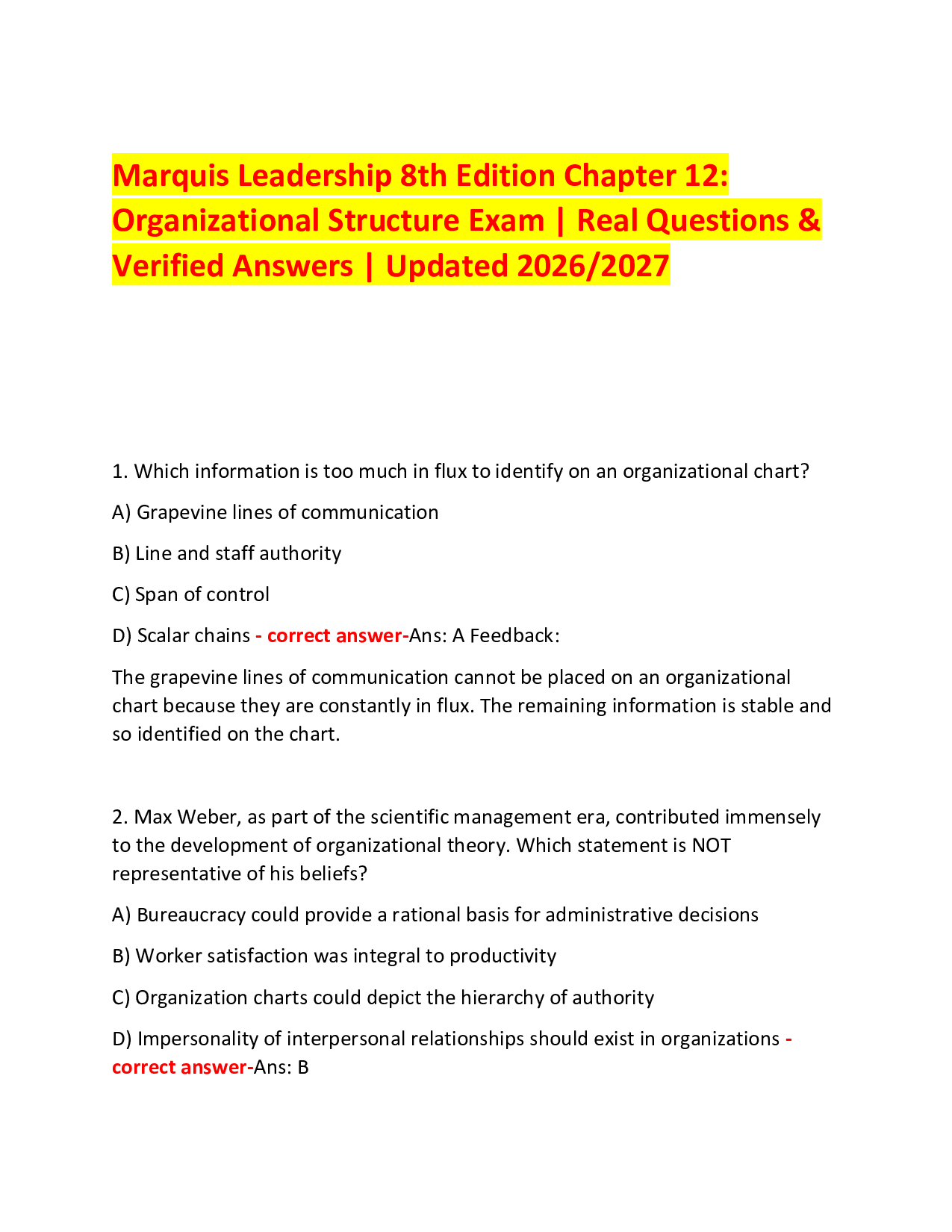 Marquis Leadership 8th Edition Chapter 12:  Organizational Structure Exam | Real Questions & Verified Answers | Updated 2026/2027