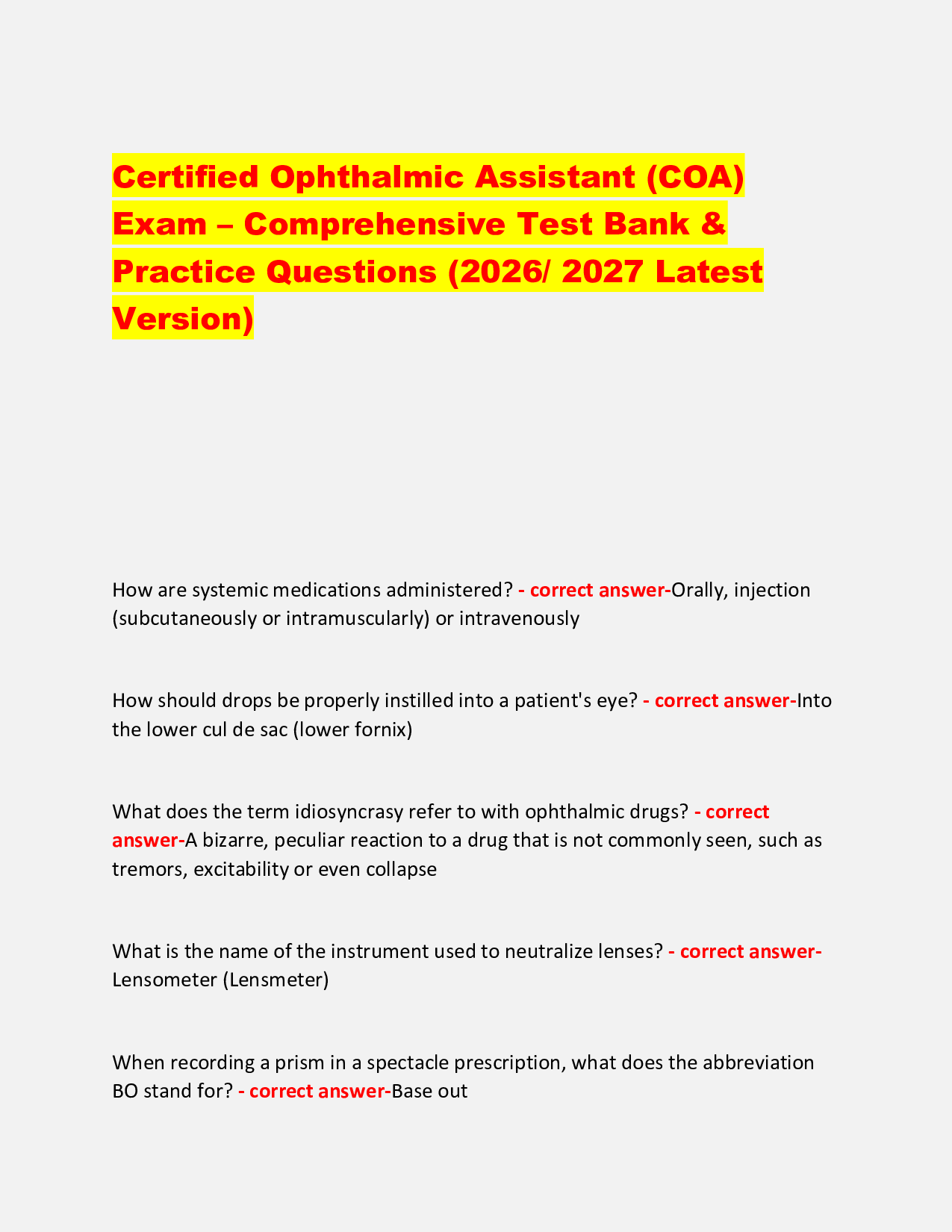 Certified Ophthalmic Assistant (COA)  Exam – Comprehensive Test Bank & Actual  Practice Questions (2026/ 2027 Latest  Version)