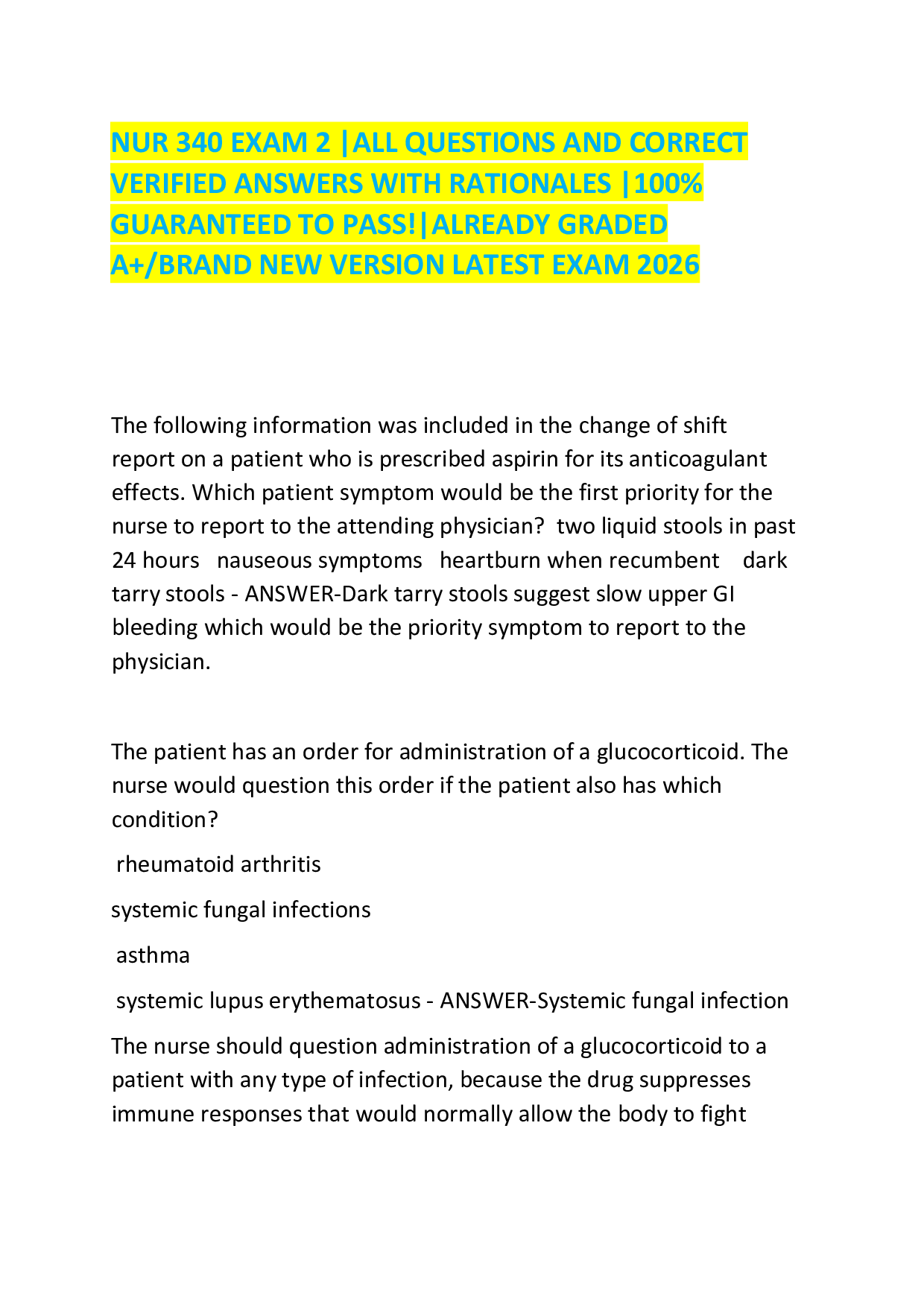 NUR 340 EXAM 2 |ALL QUESTIONS AND CORRECT   VERIFIED ANSWERS WITH RATIONALES |100%   GUARANTEED TO PASS!|ALREADY GRADED   A+/BRAND NEW VERSION LATEST EXAM 2026