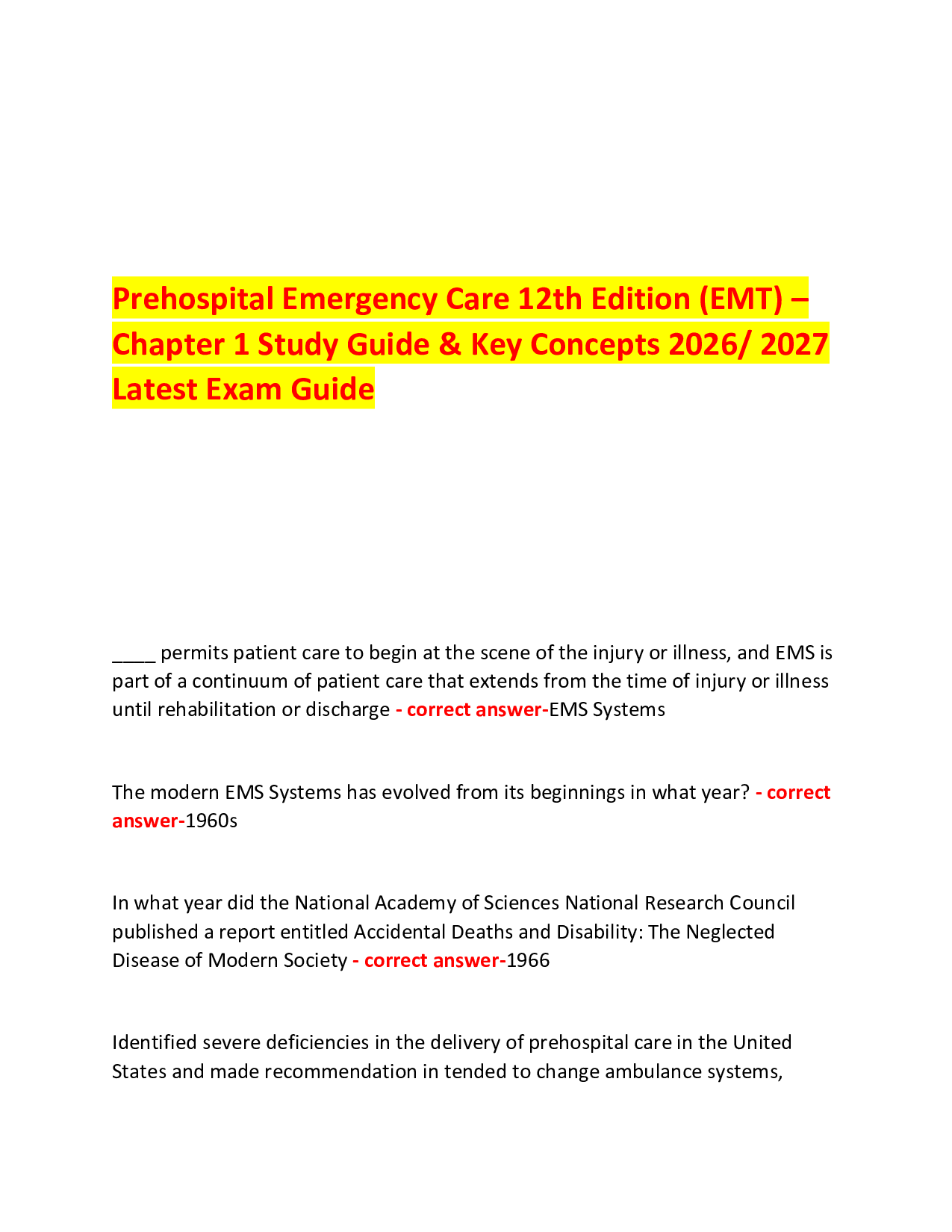 Prehospital Emergency Care 12th Edition (EMT) – Chapter 1 Study Guide & Key Concepts 2026/ 2027 Latest Exam Guide