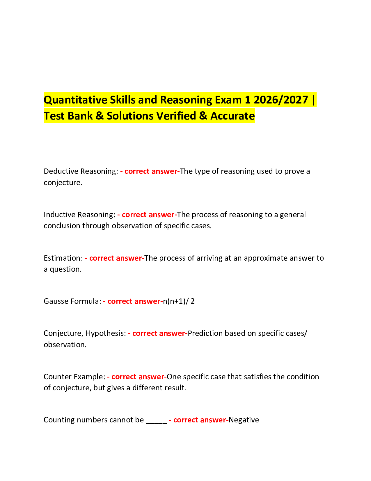 Quantitative Skills and Reasoning Exam 1 2026/2027 | Test Bank & Solutions Verified & Accurate